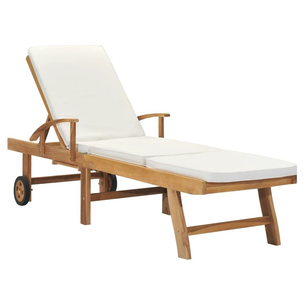 Sun Lounger with Cushion Solid Teak Wood Cream 48022