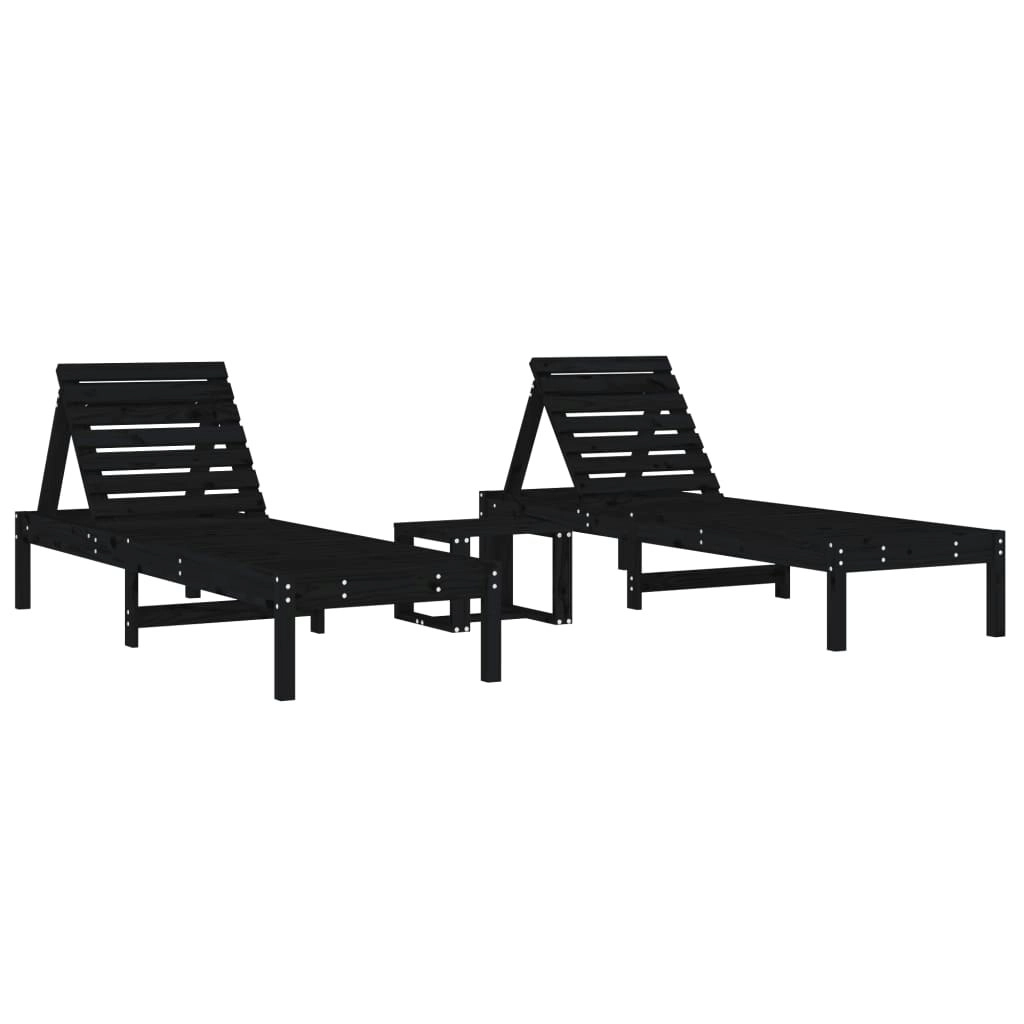 Sun Loungers 2 pcs with Table Black Solid Wood Pine 3157683