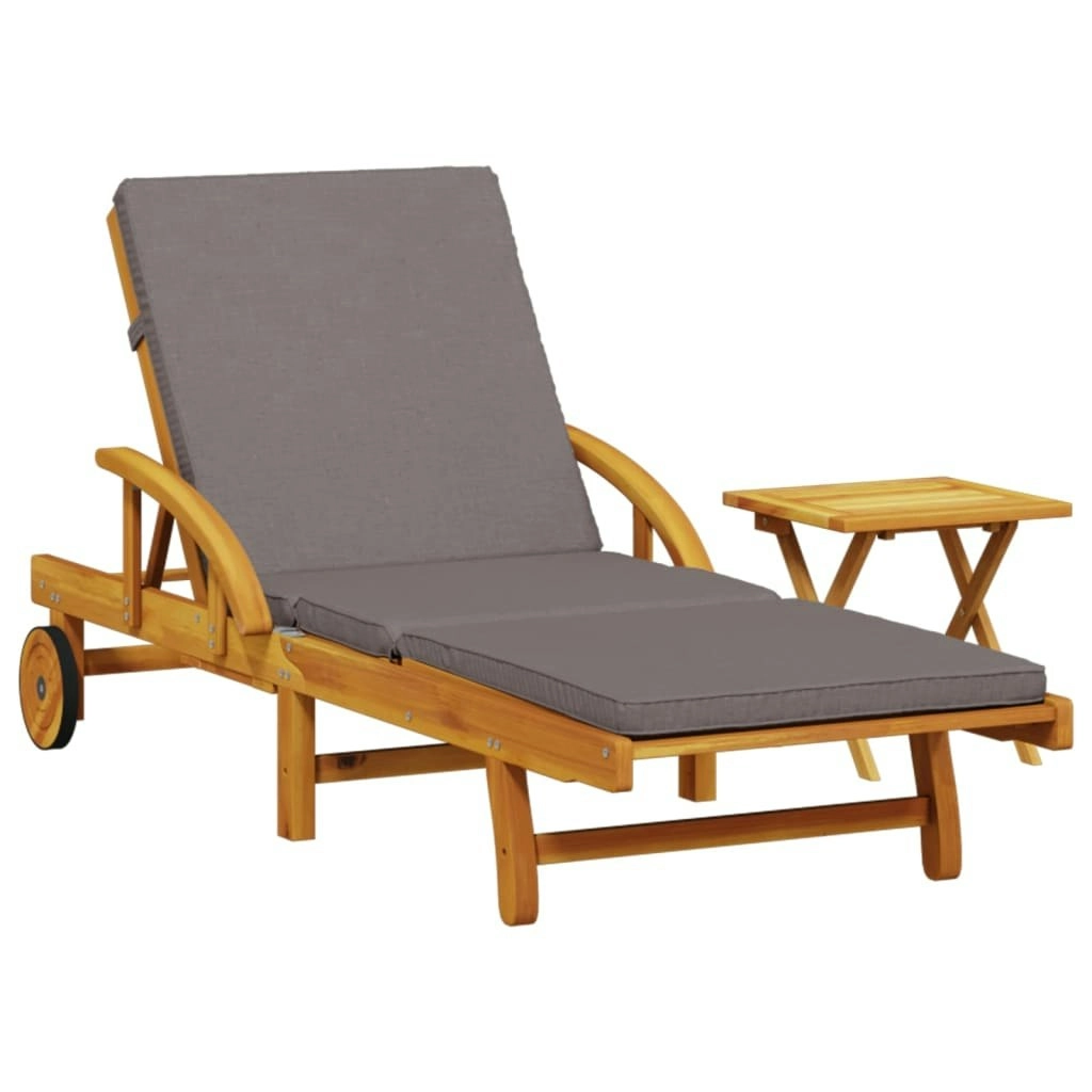 Sun Lounger with Cushion and Table Solid Wood Acacia 3206363