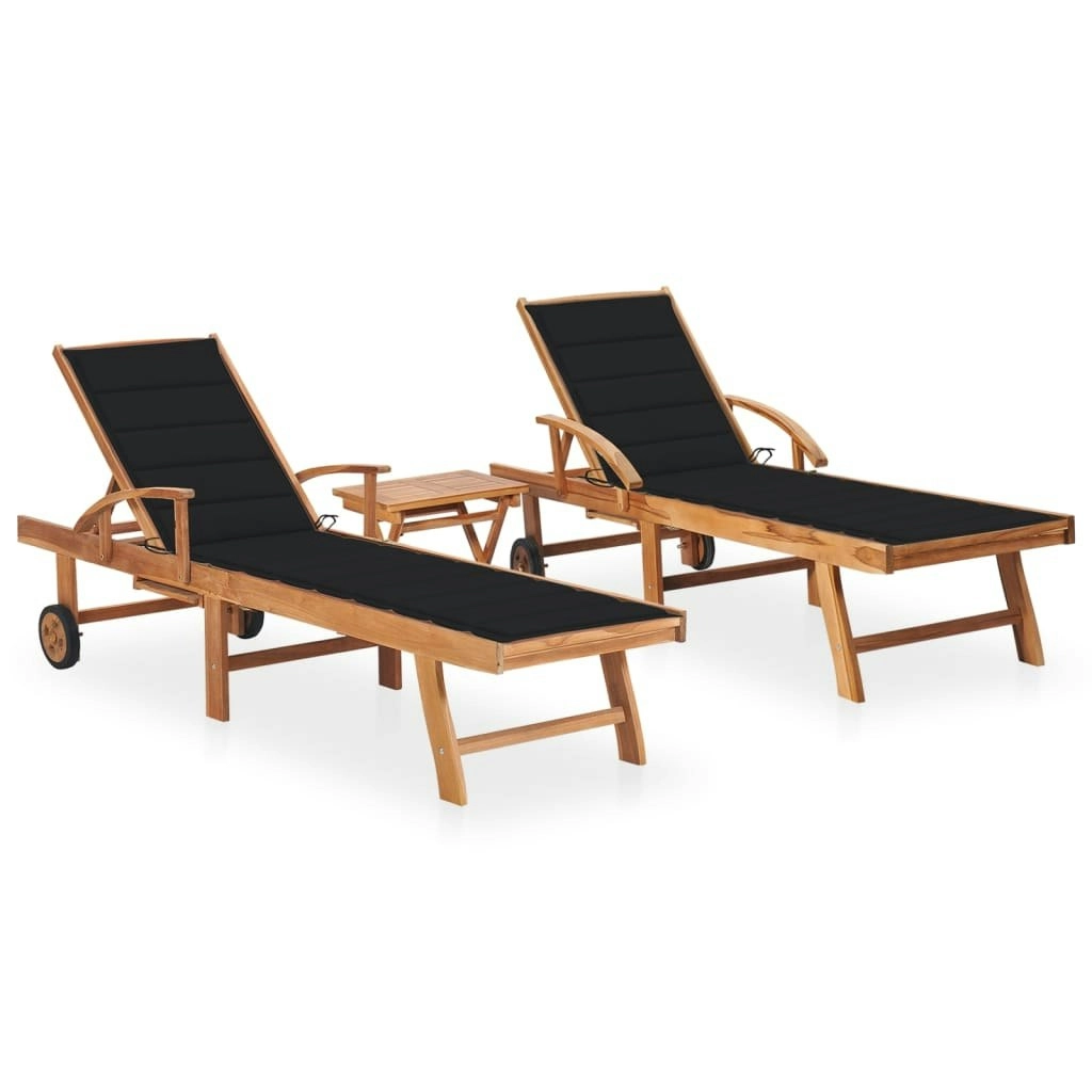 Sun Loungers 2 pcs with Table and Cushion Solid Teak Wood 3073178