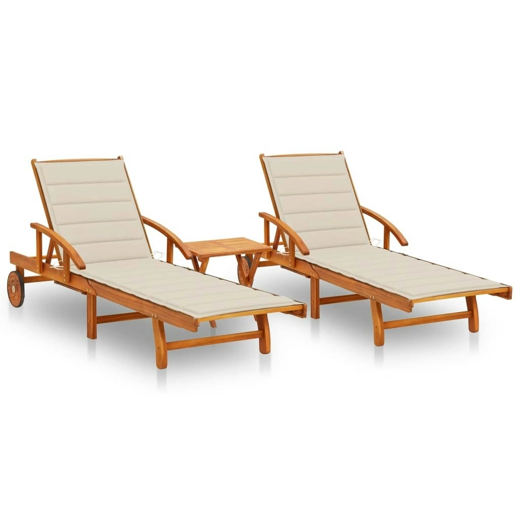 Sun Loungers 2 pcs with Table and Cushions Solid Wood Acacia 3077348