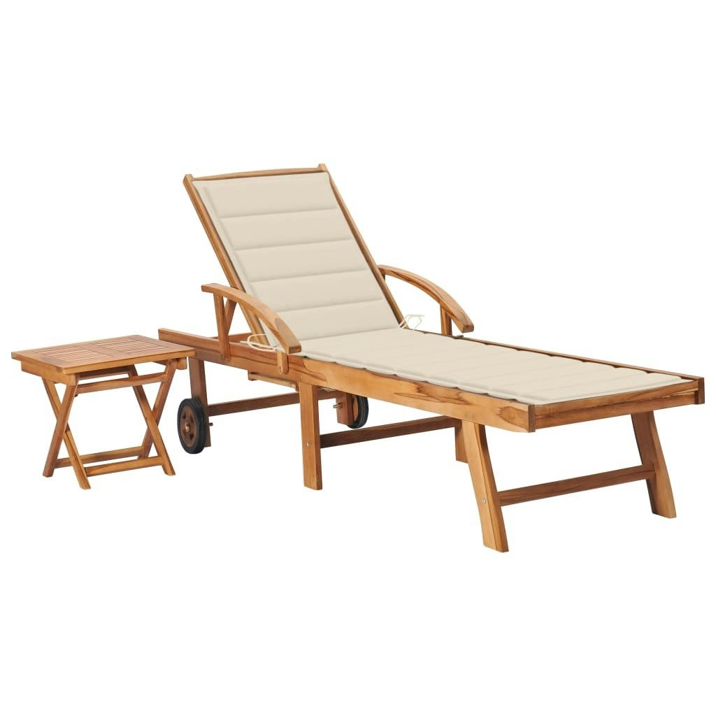 Sun Lounger with Table and Cushion Solid Teak Wood 3063023