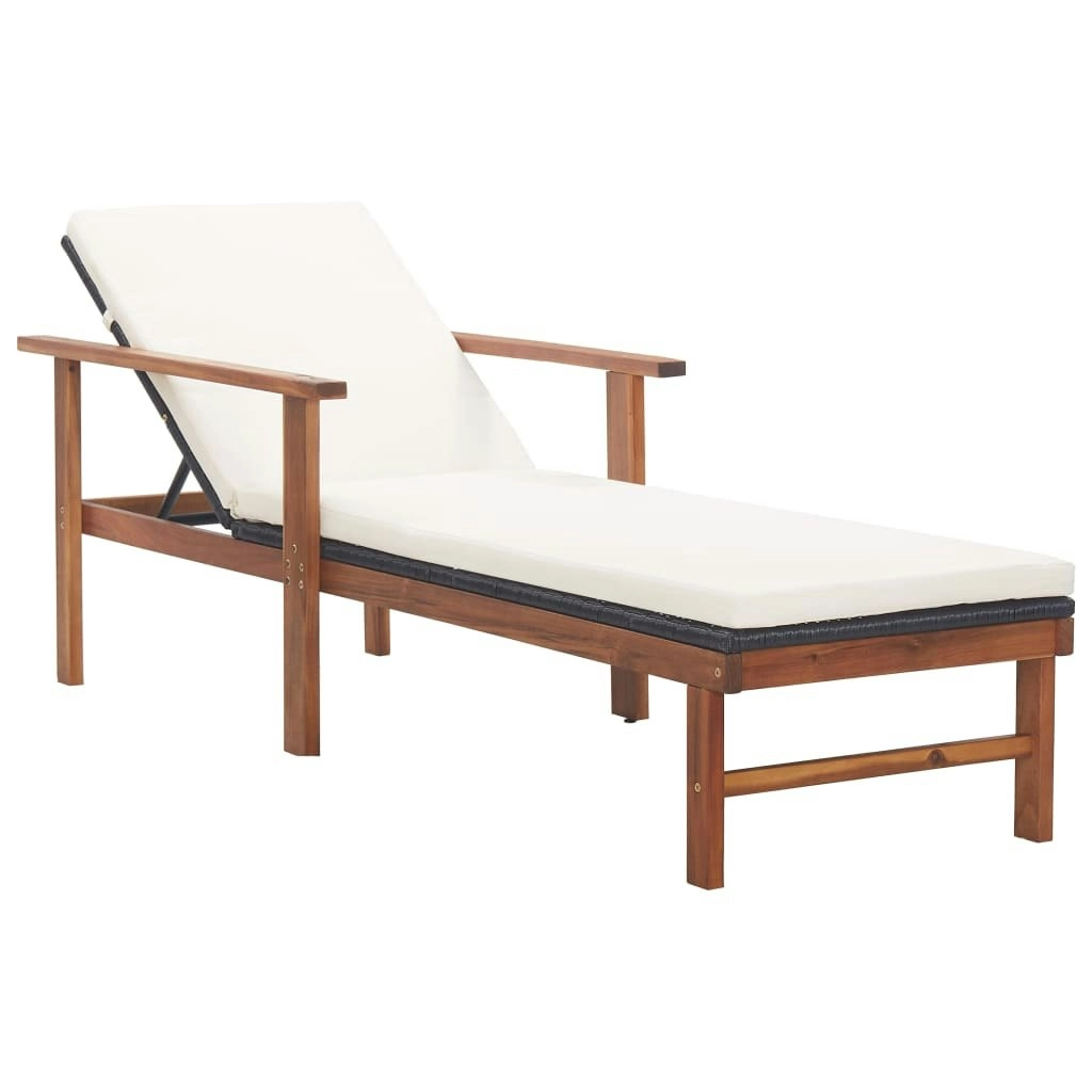 Sun Lounger with Cushion Poly Rattan and Solid Acacia Wood Black 48707