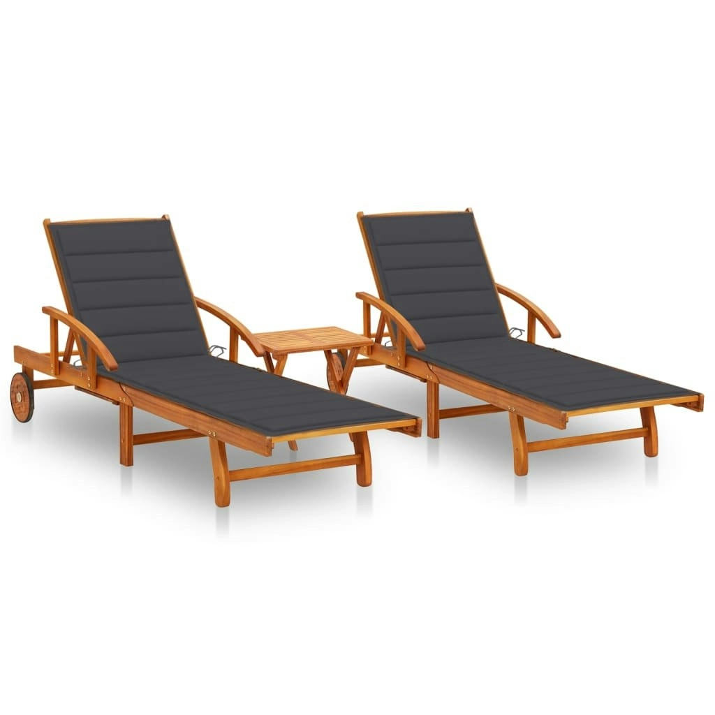 Sun Loungers 2 pcs with Table and Cushions Solid Wood Acacia 3077345