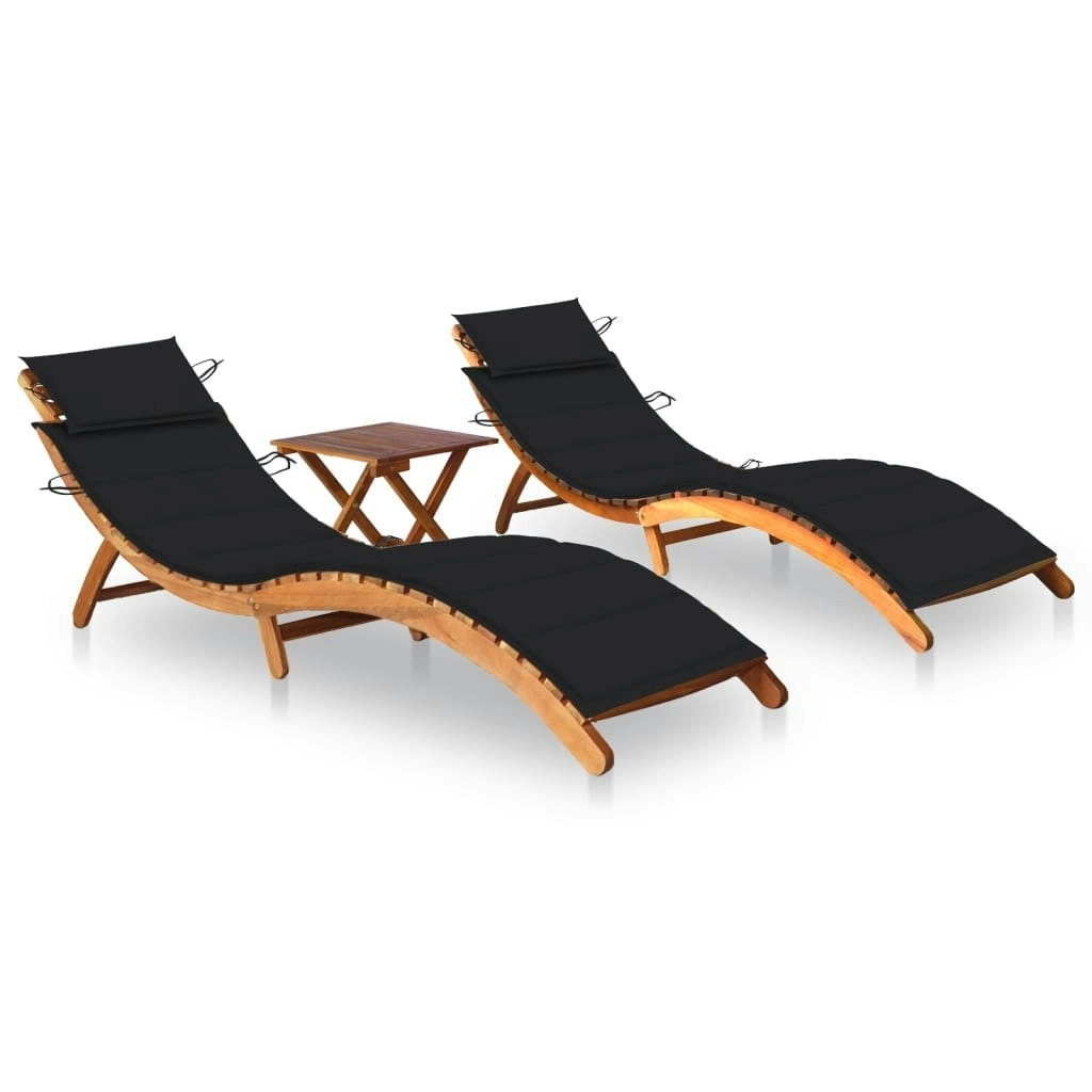 Sun Loungers 2 pcs with Table and Cushions Solid Wood Acacia 3077383