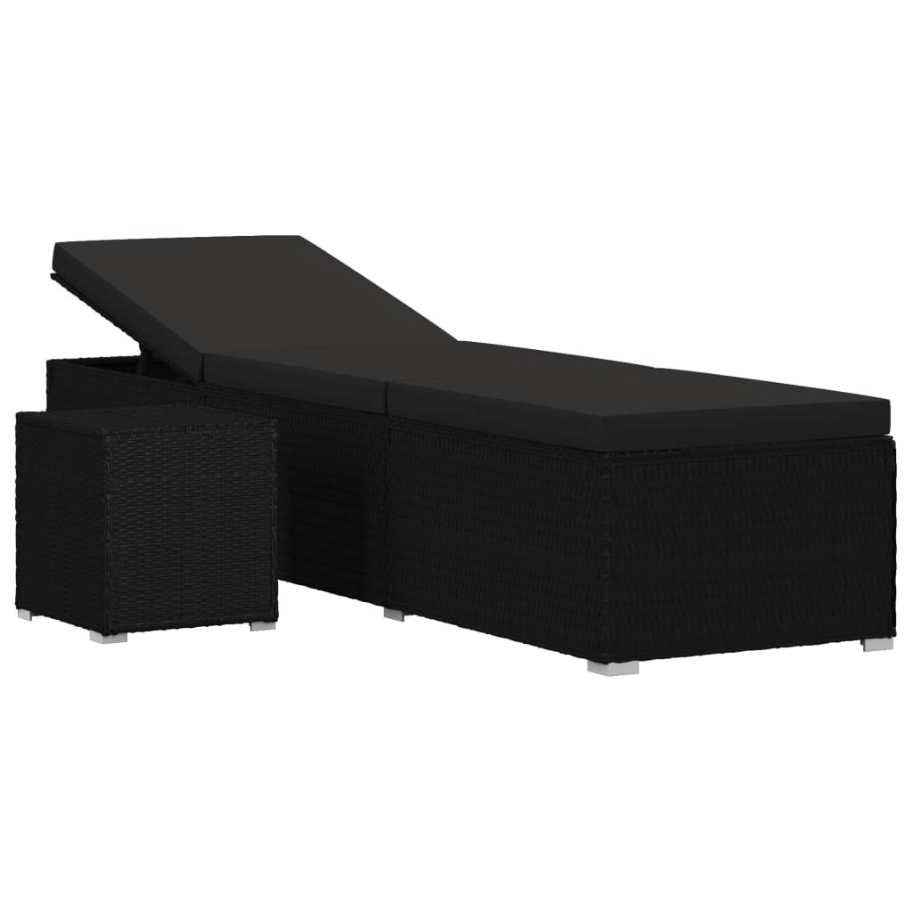 Sun Lounger with Cushion and Tea Table Poly Rattan Black 46228