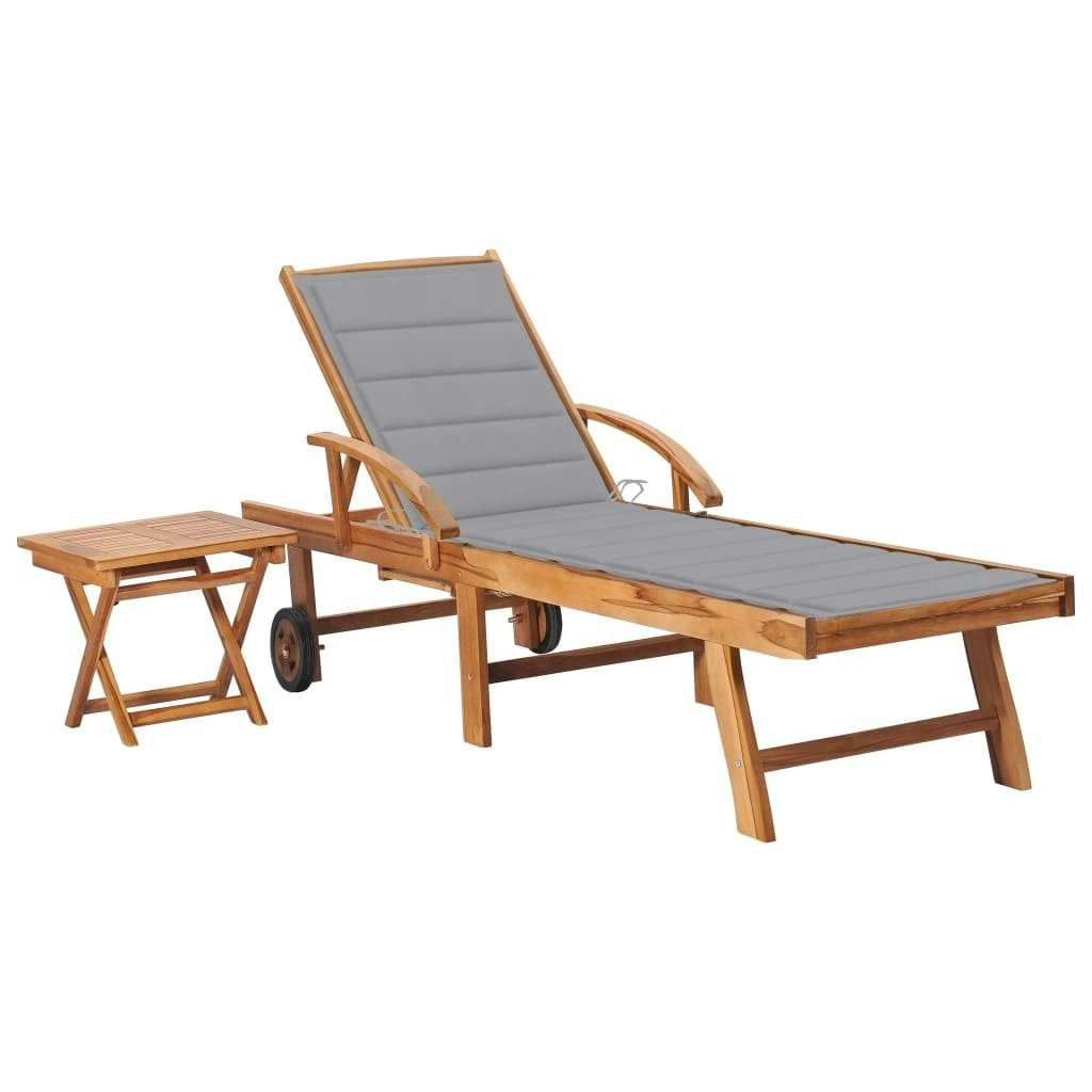 Sun Lounger with Table and Cushion Solid Teak Wood 3063022