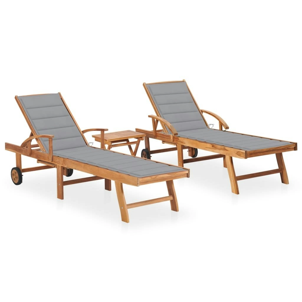 Sun Loungers 2 pcs with Table and Cushion Solid Teak Wood 3073172