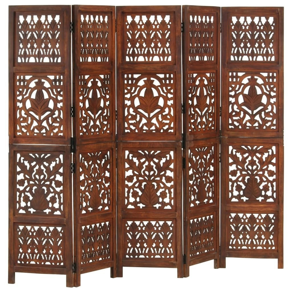 Hand Carved 5-Panel Room Divider Brown 200x165 cm Solid Mango Wood 285335