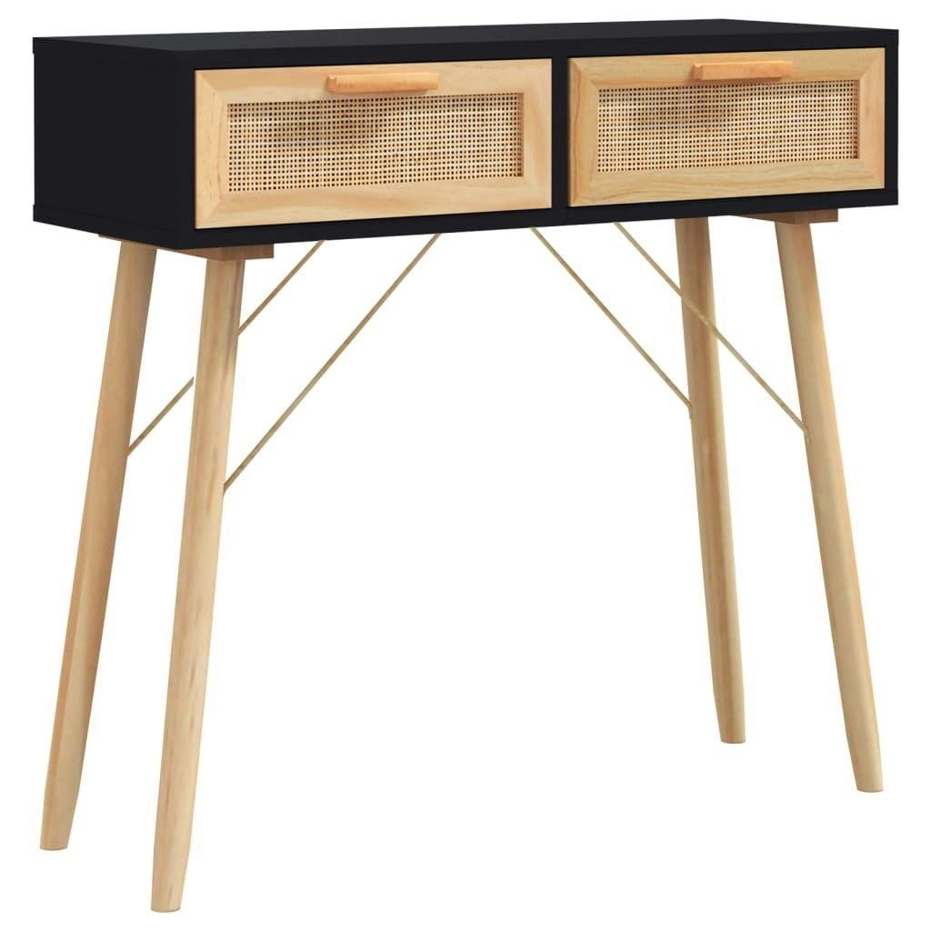 Console Table Black 80x30x75 cm Solid Wood Pine&Natural Rattan 345625