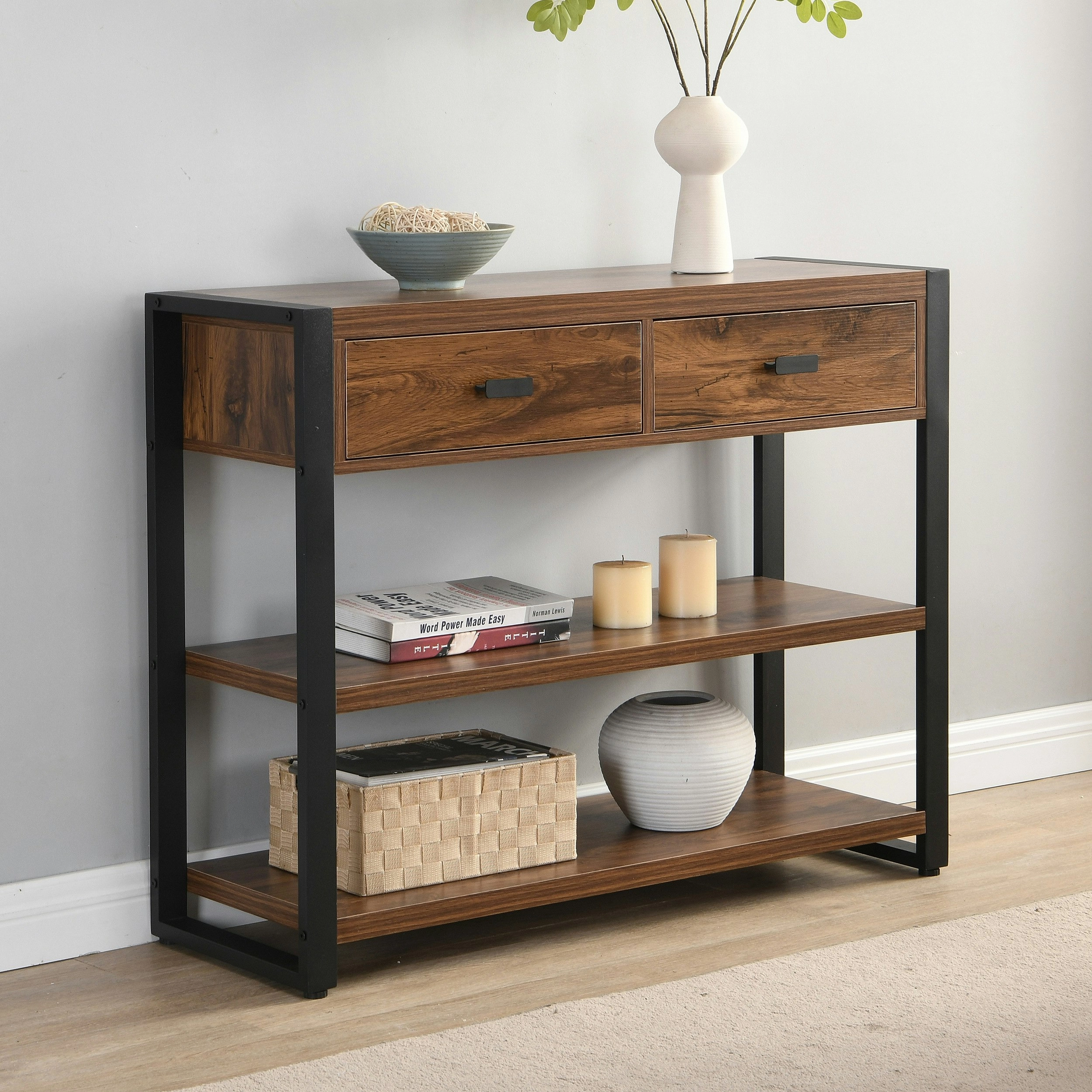 IHOMDEC MDF and Metal Frames Console Table with Shelves and Two Drawers Rust Dark Brown