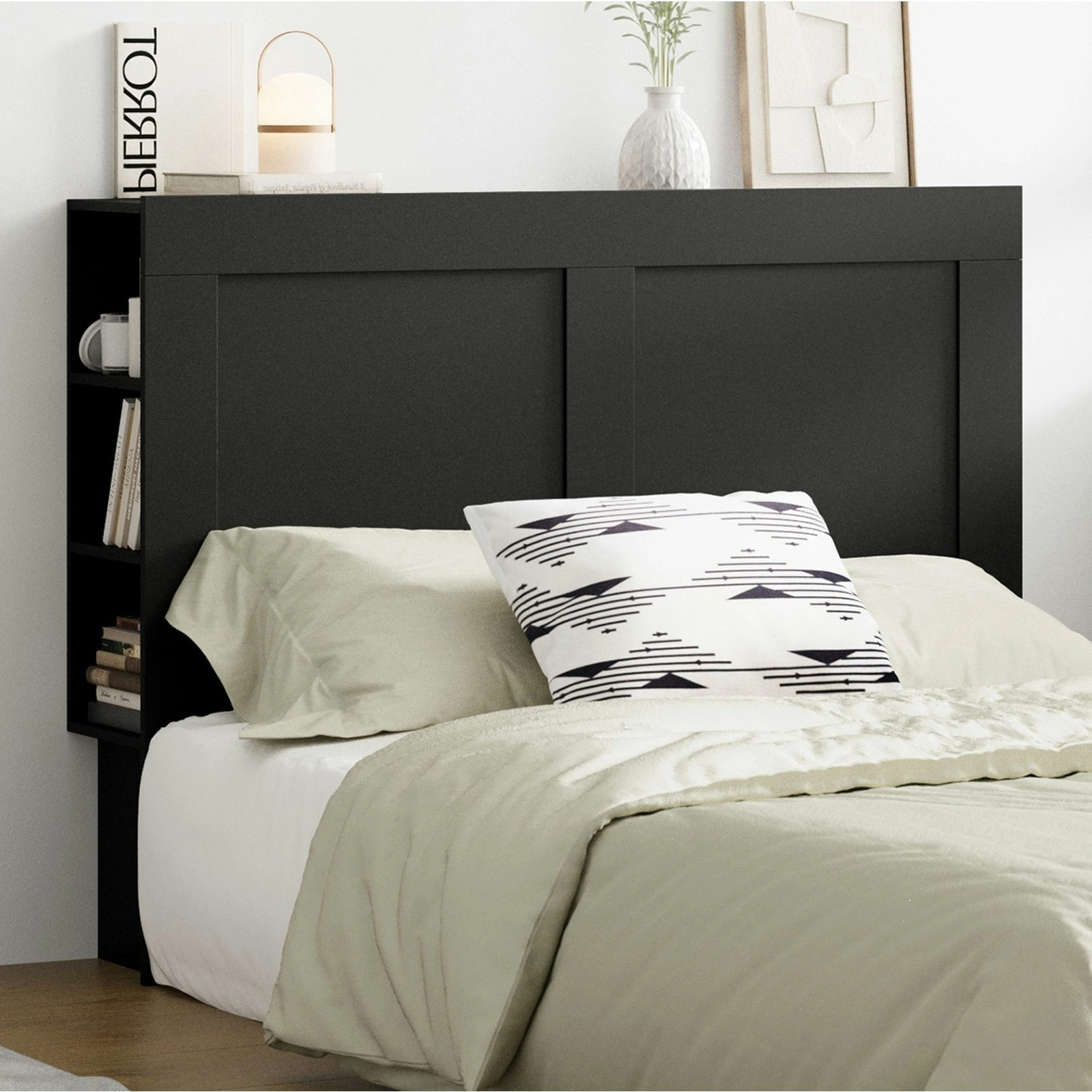 Oikiture Headboard Bed Head Double Size Bedhead with Storage Shelves Black