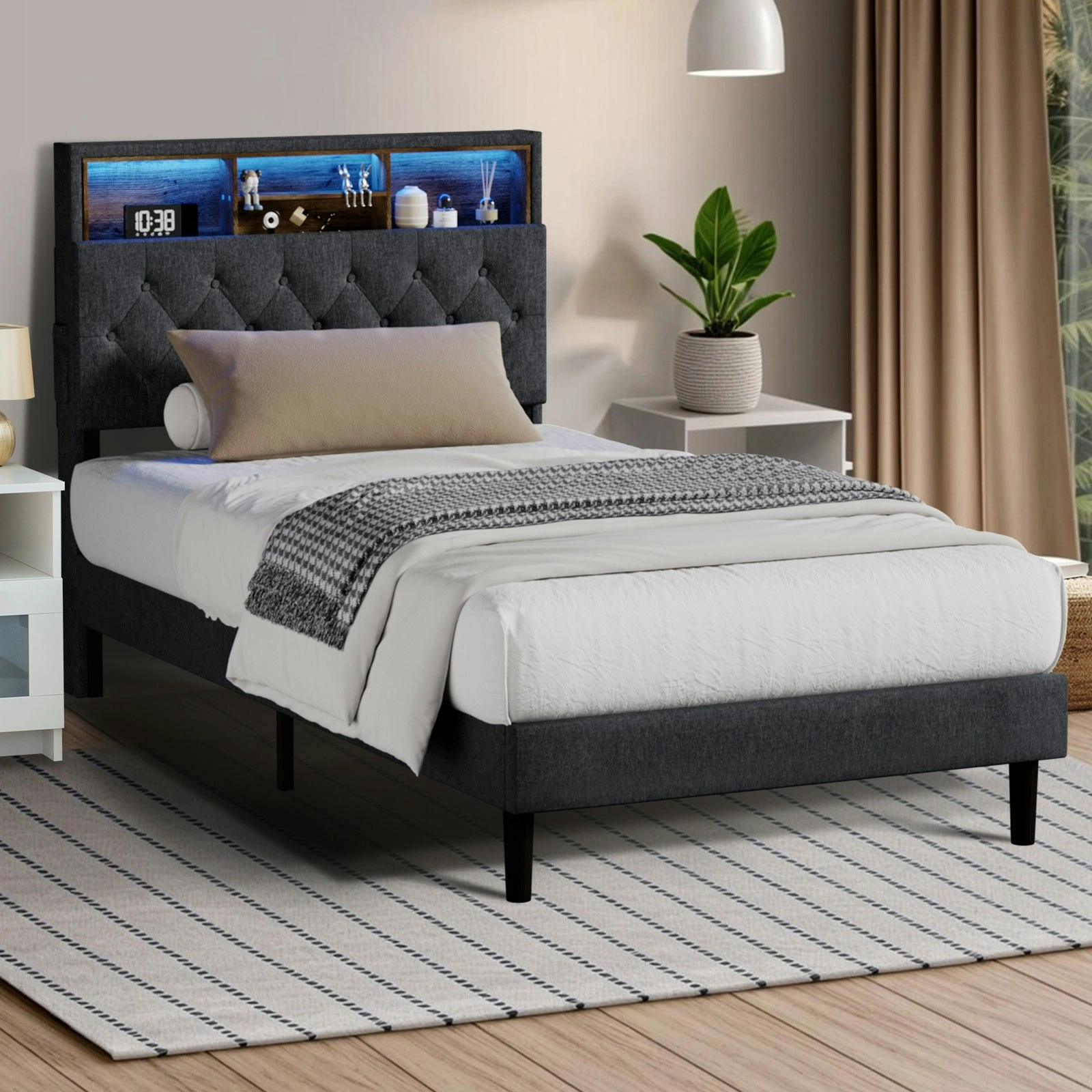 Oikiture Bed Frame King Single Beds Base with LED Storage Bedhead NOVI