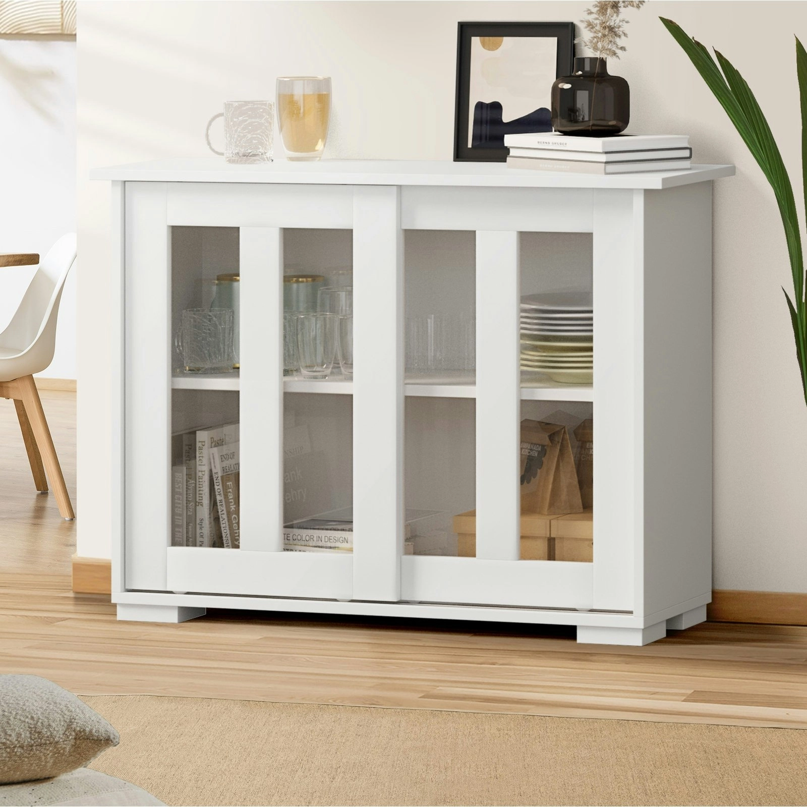 Oikiture Sideboard Buffet Cupboard Cabinet Glass Sliding Door Storage White