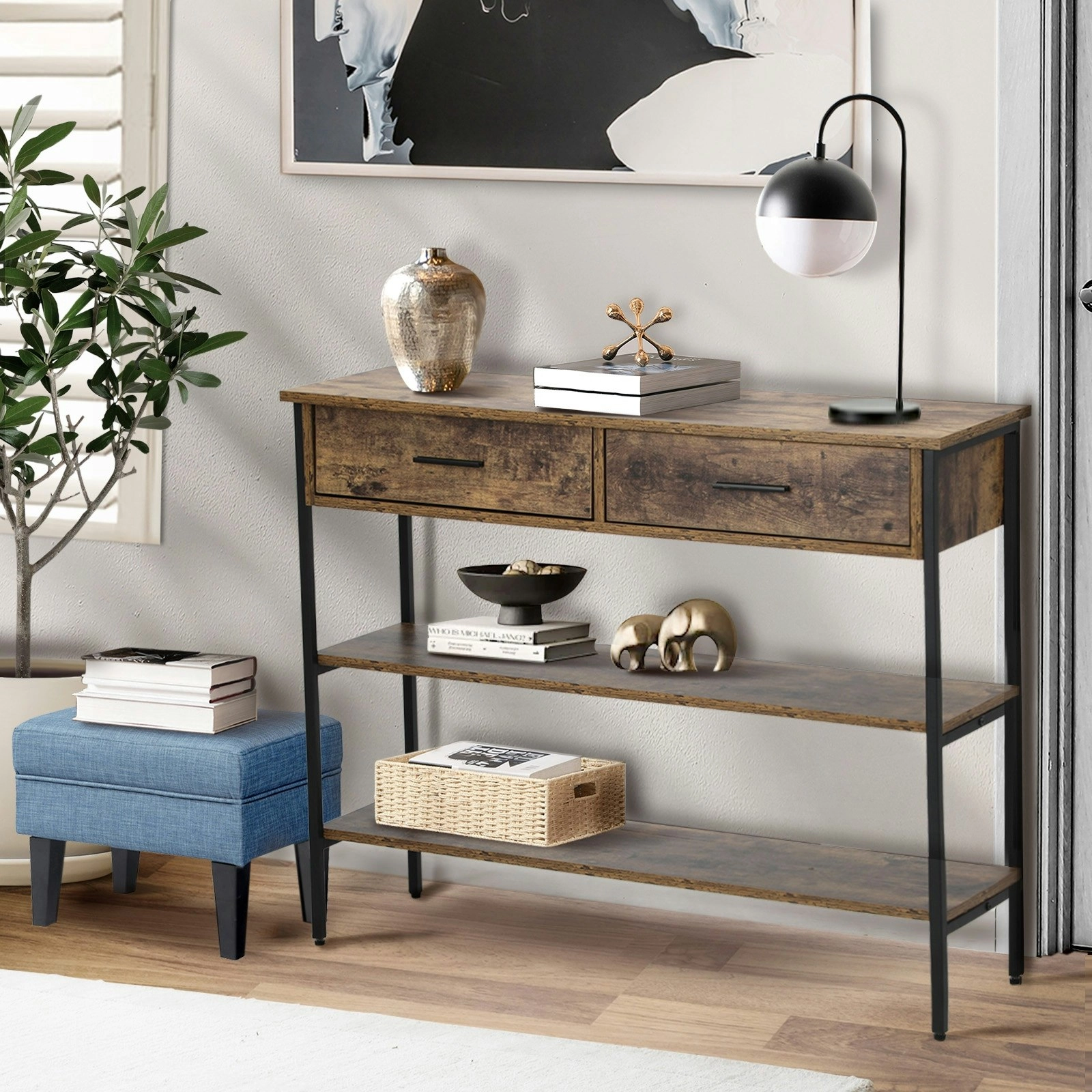 Oikiture 3-Tier Console Table Wood with 2 Drawers