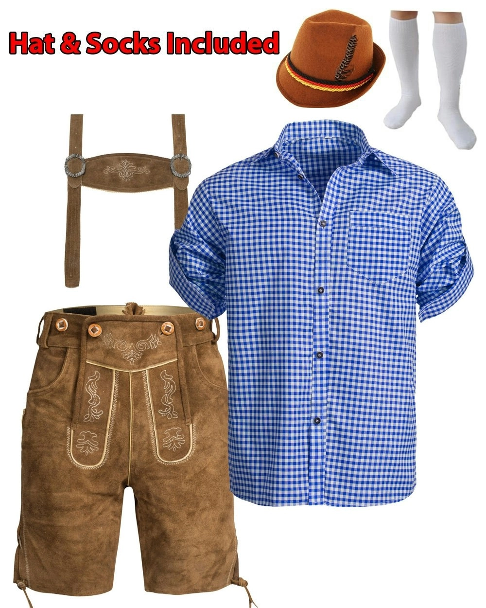 Brown Blue Shirt Lederhosen Oktoberfest Mens Costume