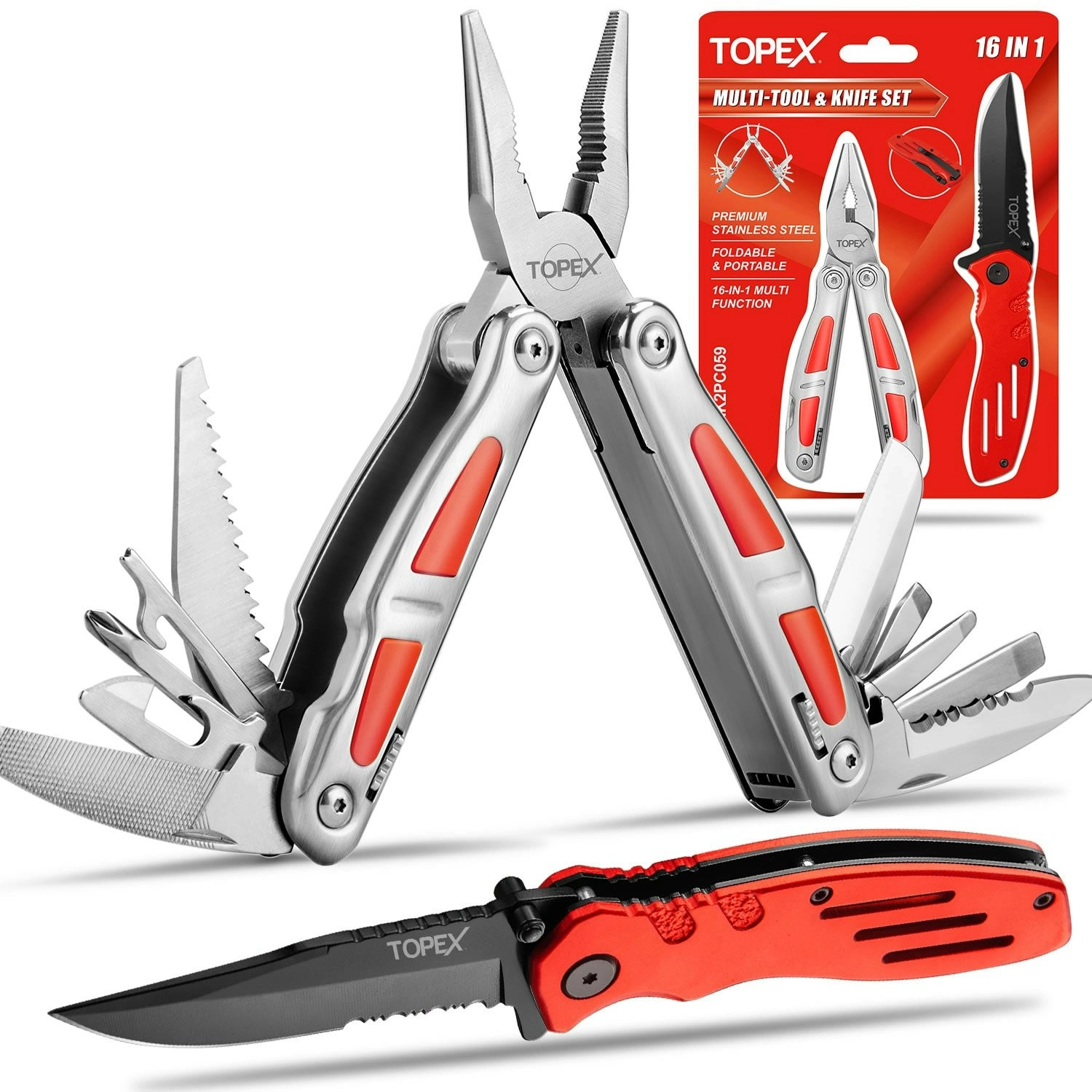 Topex 16-in-1 Multi-Function Tool & Knife Set Professional Stainless Steel Multitool Pliers Pocket Folding Knife Pocket Knife