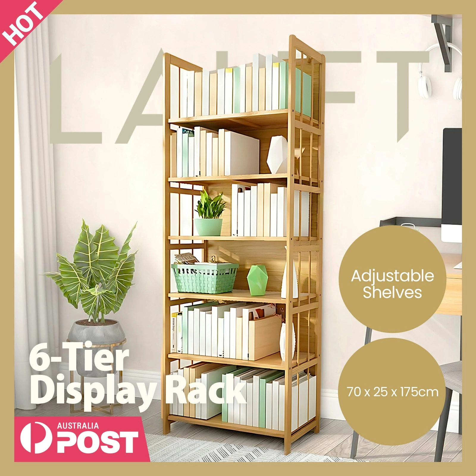 6 Tier Bamboo Wood Display Shelf Stand Adjustable Storage Book Shelves Rack