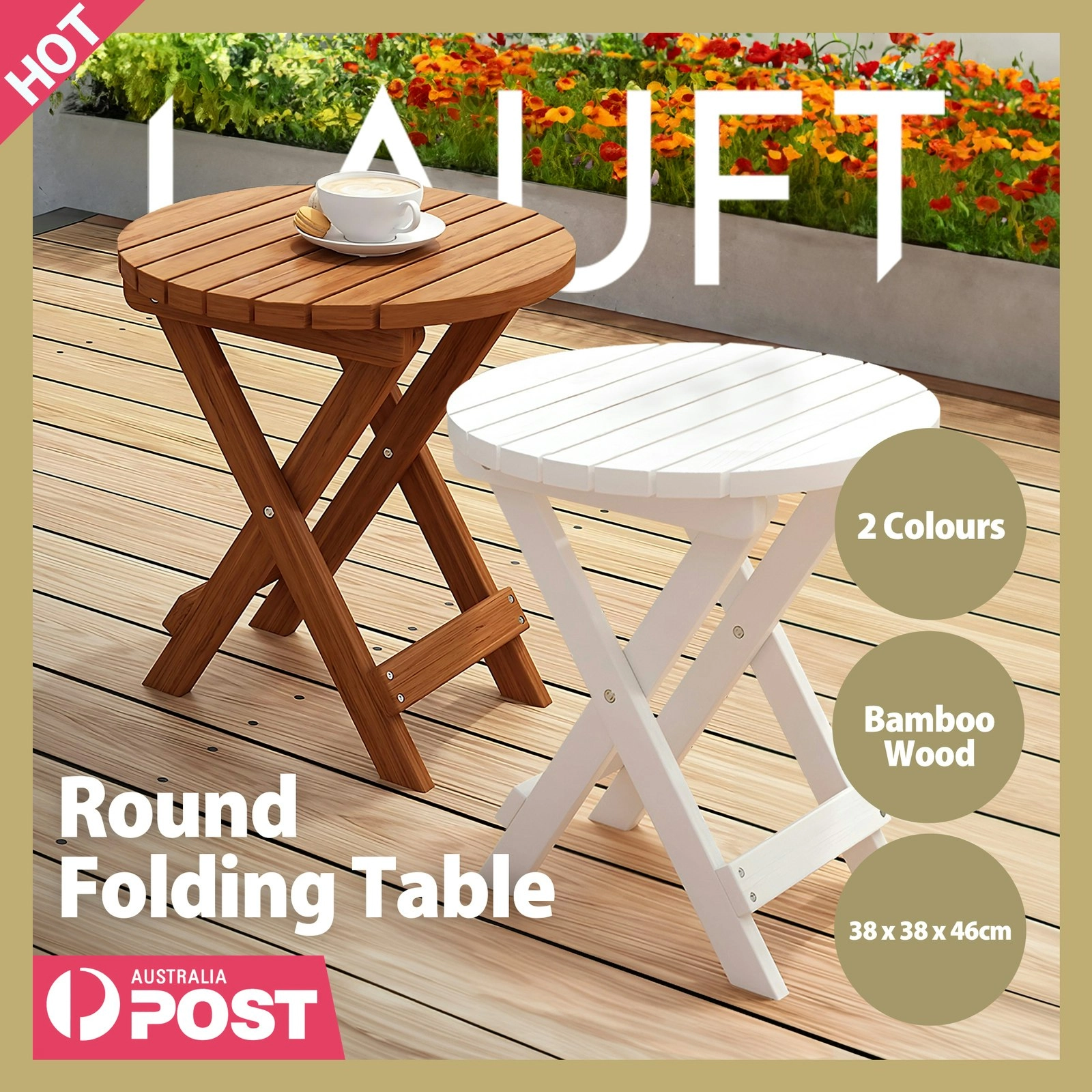 Round Folding Table Solid Bamboo Wood Foldable Table Patio Picnic Outdoor Table