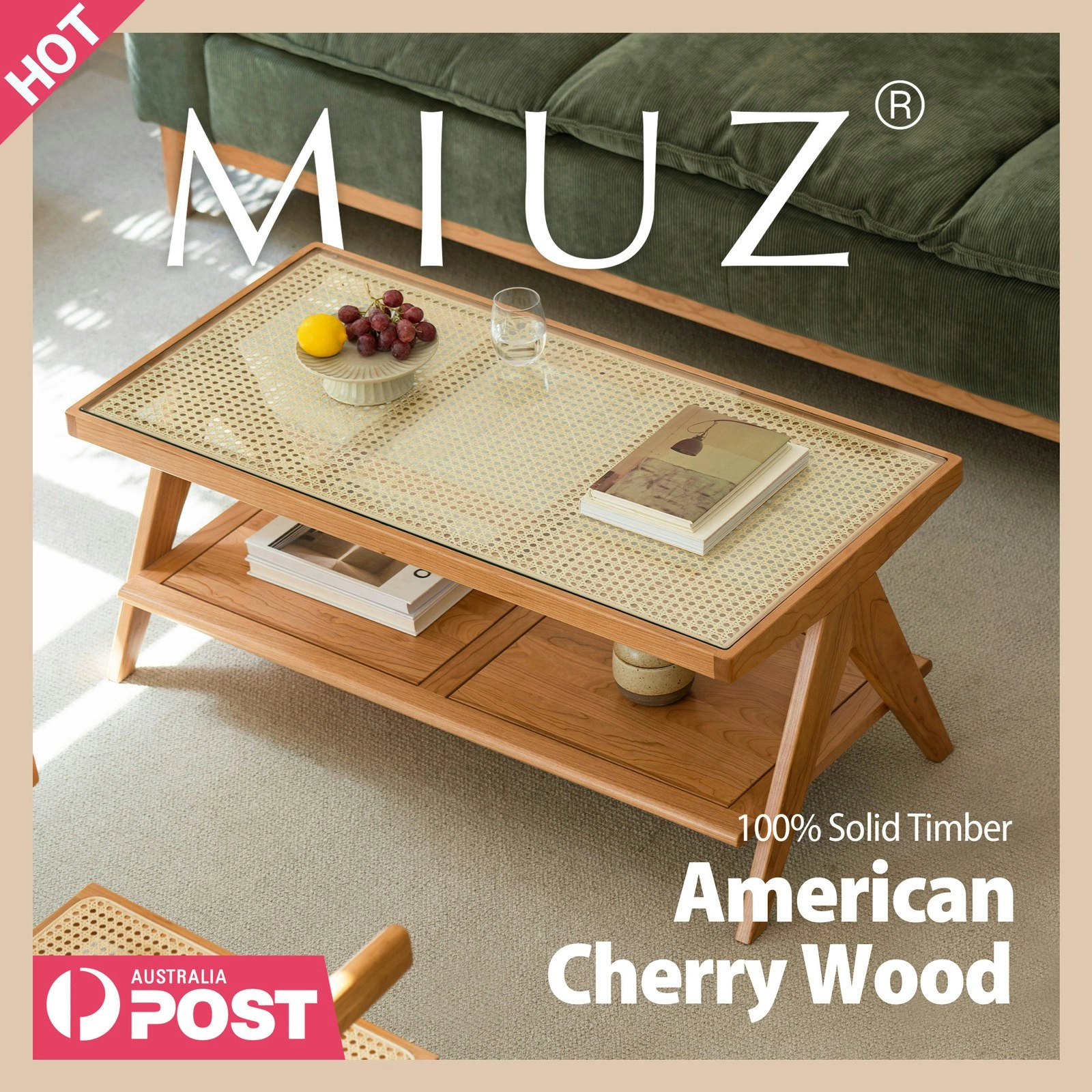 American Cherry Wood Coffee Table Modern Wooden Tables, Rattan Top Center Table For Living Room