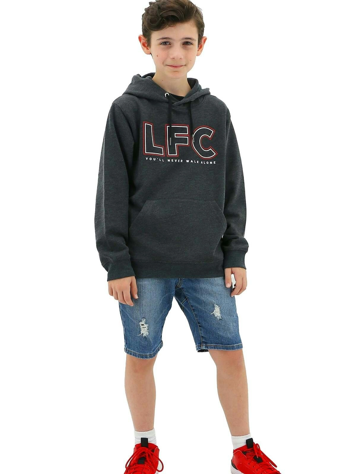 Liverpool FC Youth Boys Hoodie Jumper LFC Anfield Hoody - Grey