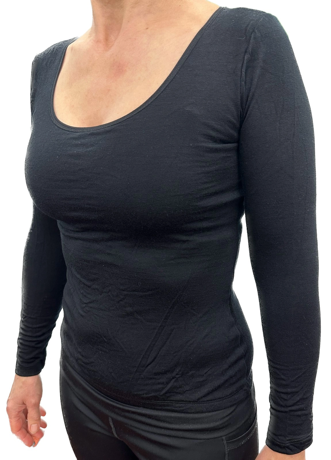 Merino Skins Womens Essential Skin Scoop Neck Long Sleeve Thermal Underwear - Black