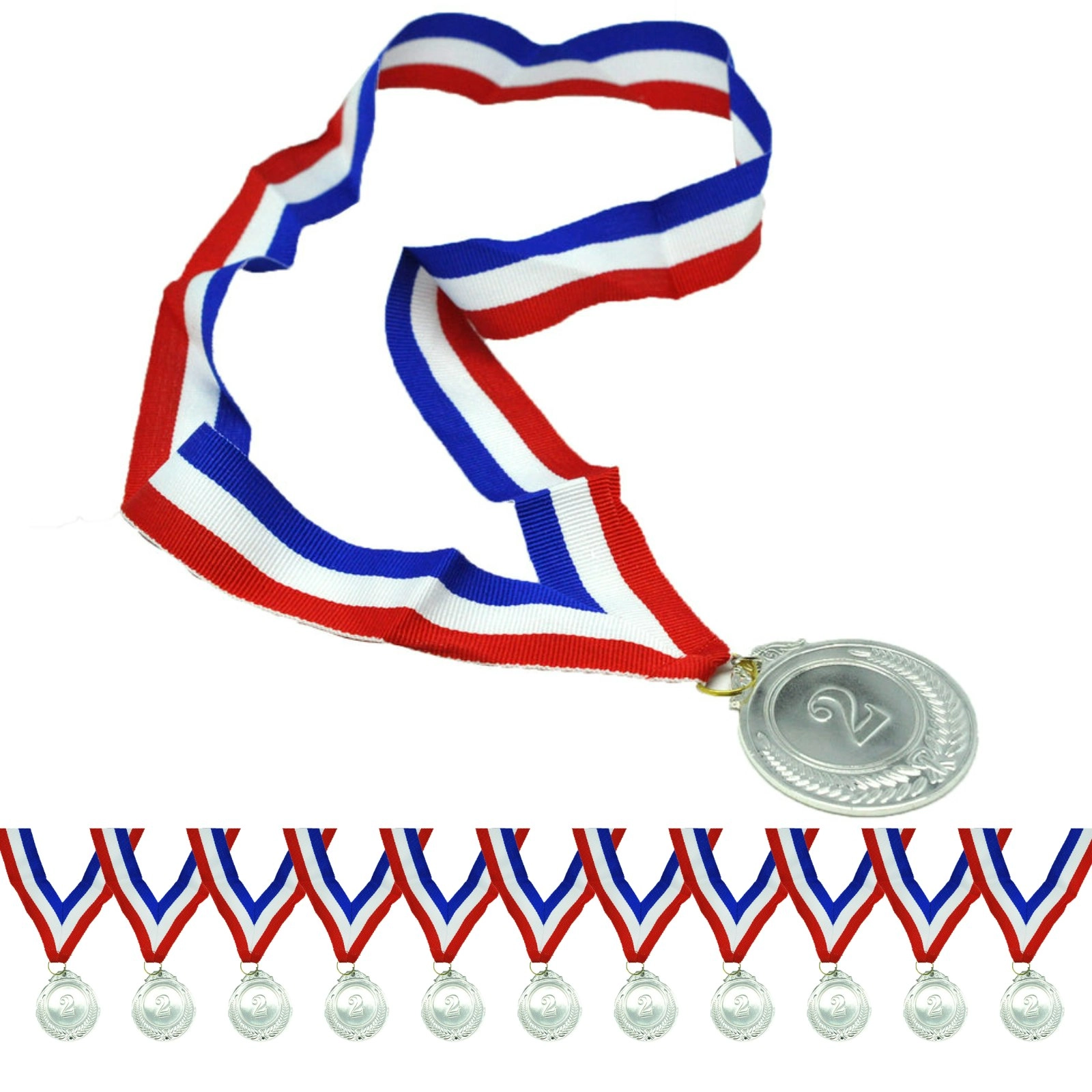 12x 2nd METAL SILVER WINNER MEDALS Sports Day School 46cm Ribbon Olympics