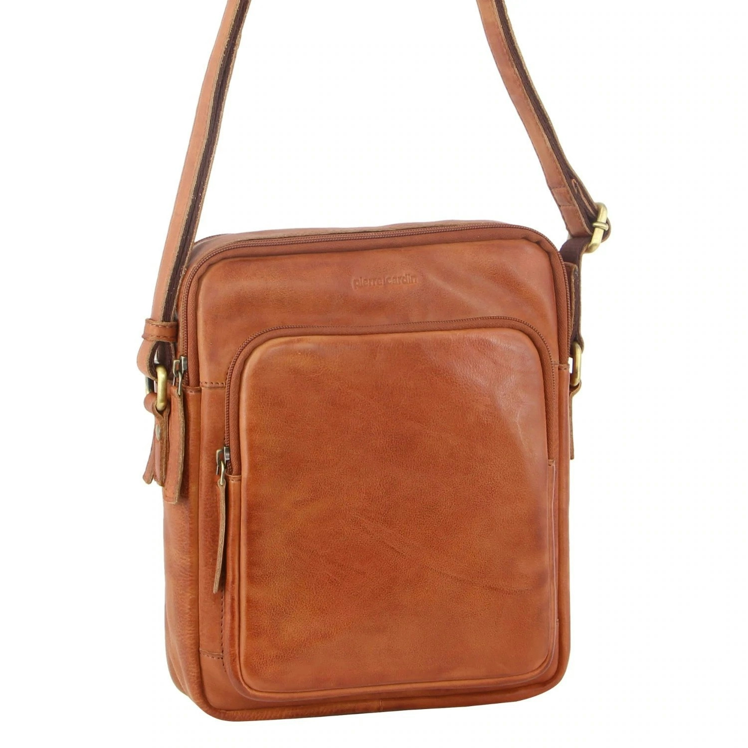 Pierre Cardin Italian Leather Tablet Bag Messenger Cross Body - Cognac