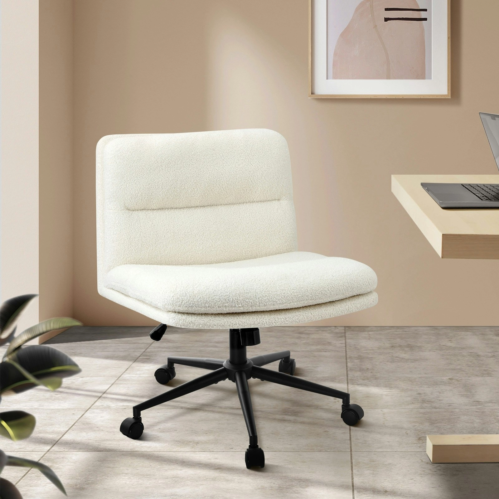 Oikiture Mid Back Armless Office Desk Chair Wide Seat Boucle White with Wheels