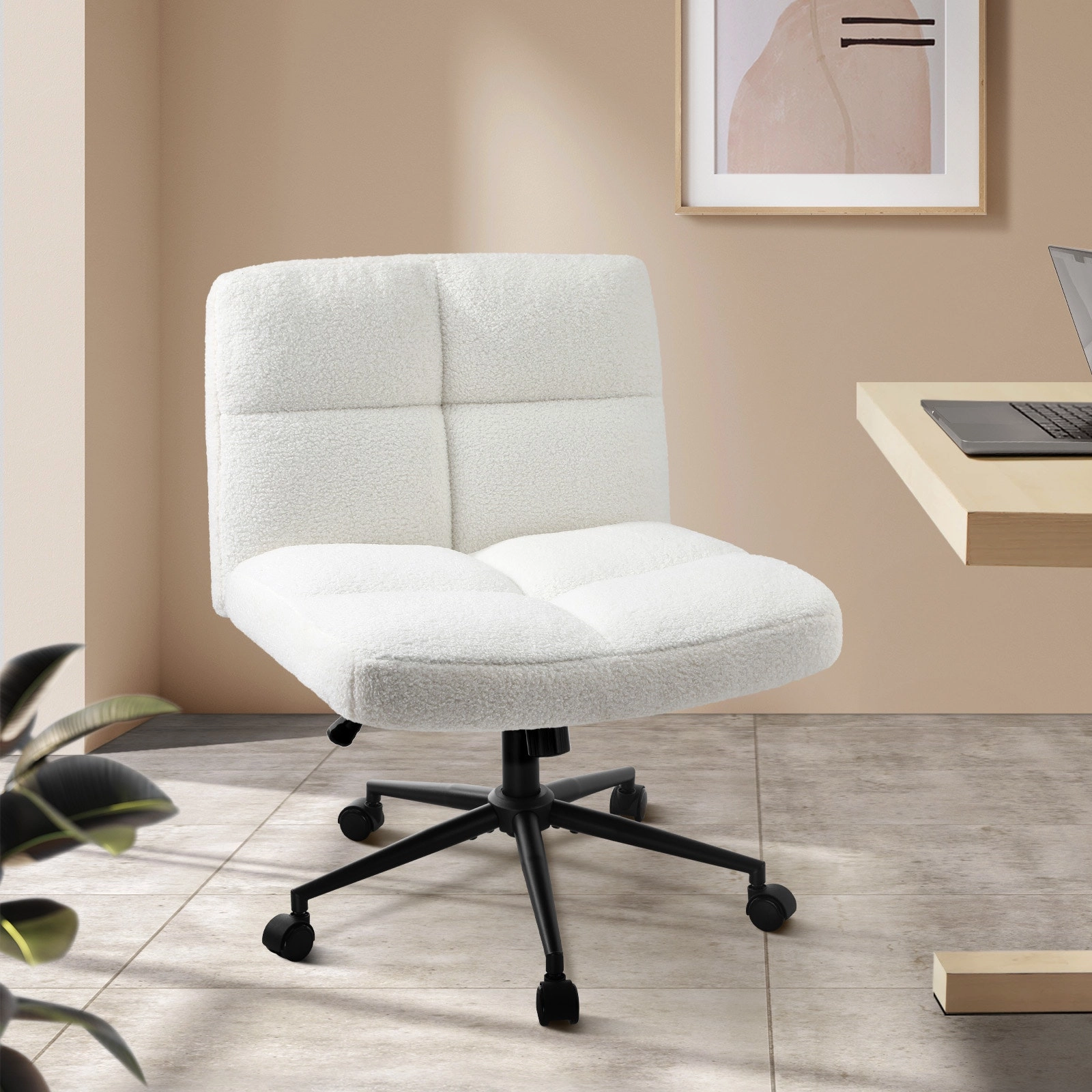 Oikiture Mid Back Armless Office Desk Chair Wide Seat with Wheels Boucle White