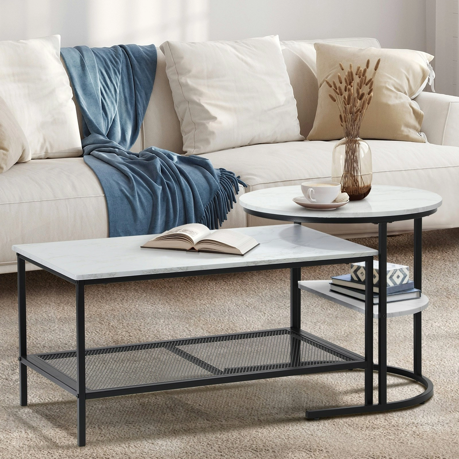 Oikiture Nesting Coffee Table Set of 2 Side End Tables Detachable Faux Marble