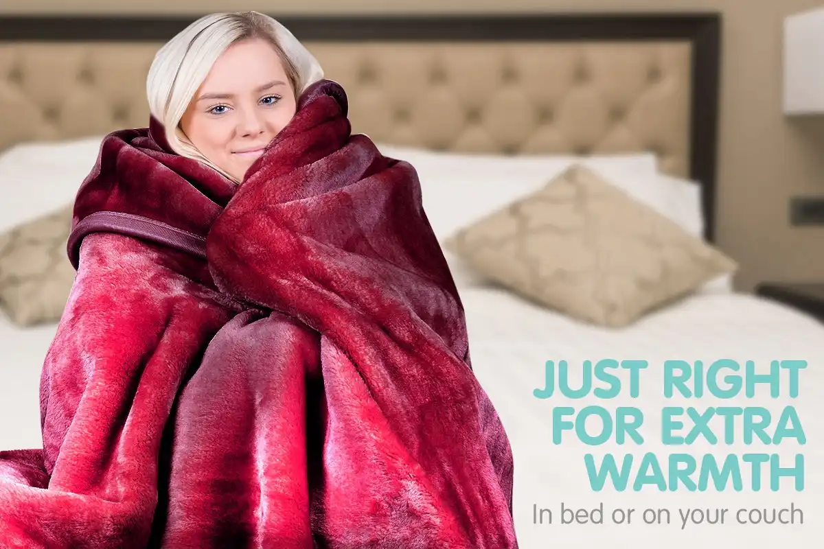 Laura Hill 600GSM Faux Mink Blanket Double-Sided Queen Size - Wine Red