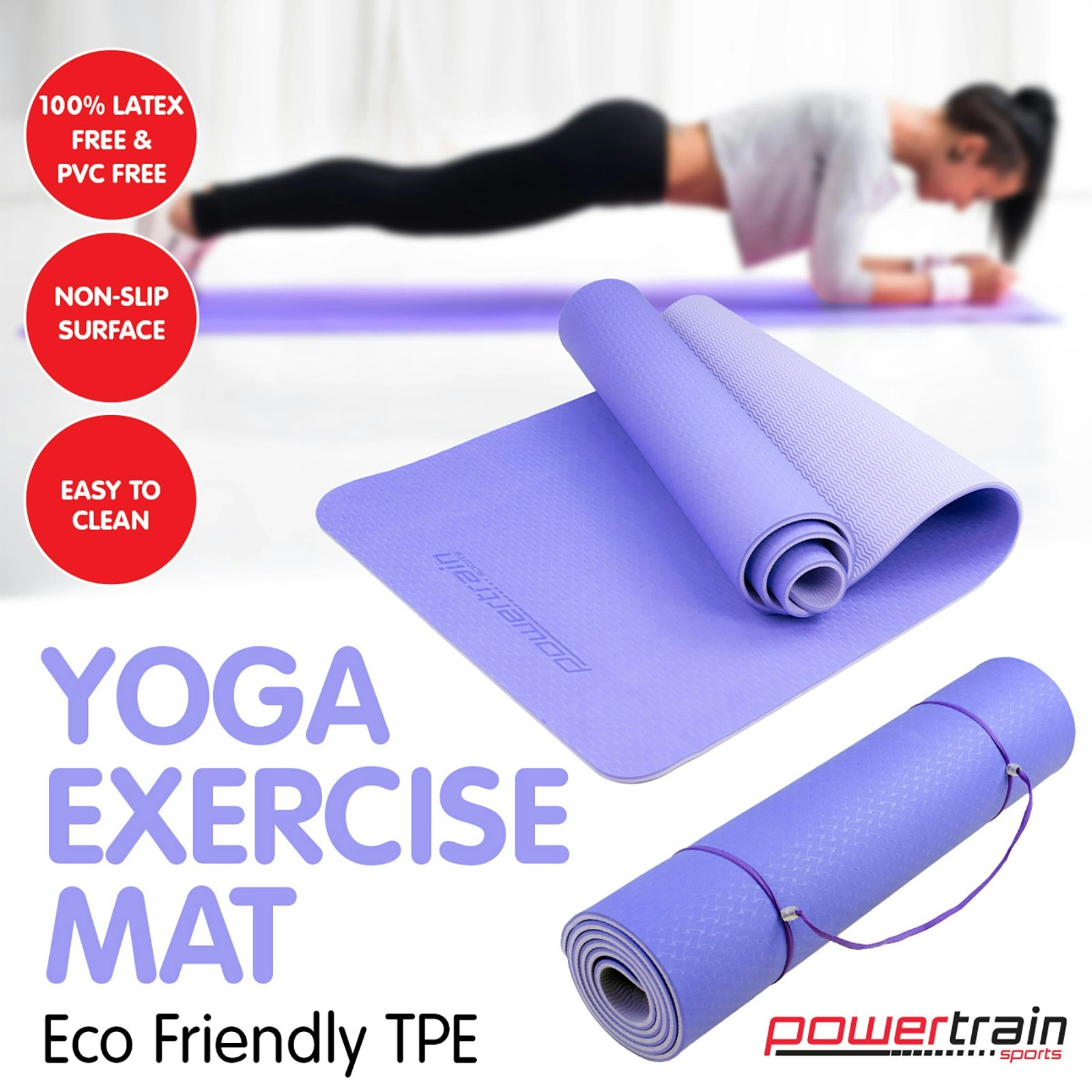 Powertrain Eco-Friendly TPE Pilates Exercise Yoga Mat 8mm - Light Purple