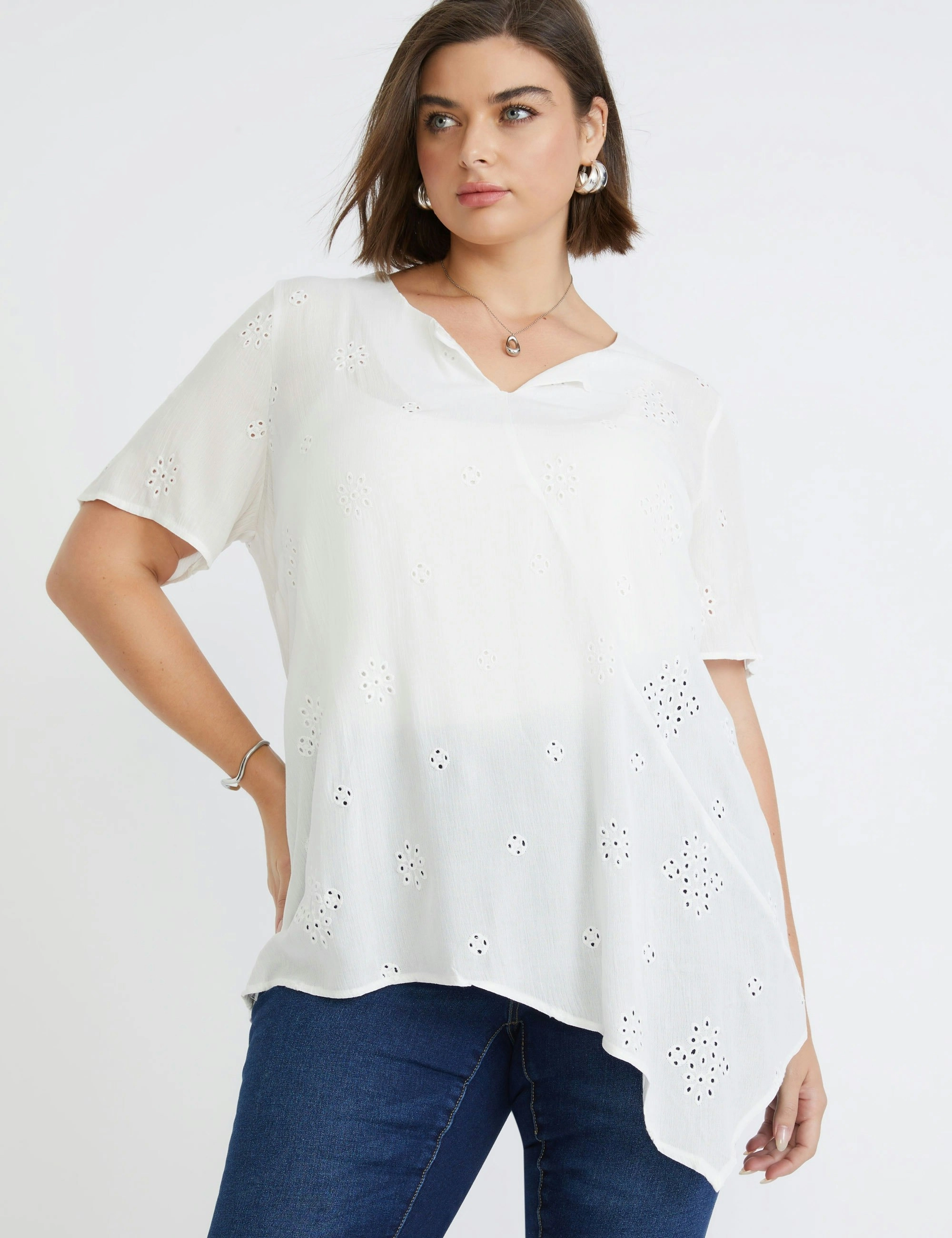 beme Short Sleeve Woven Asymmetric Neck Top (White Broderie)