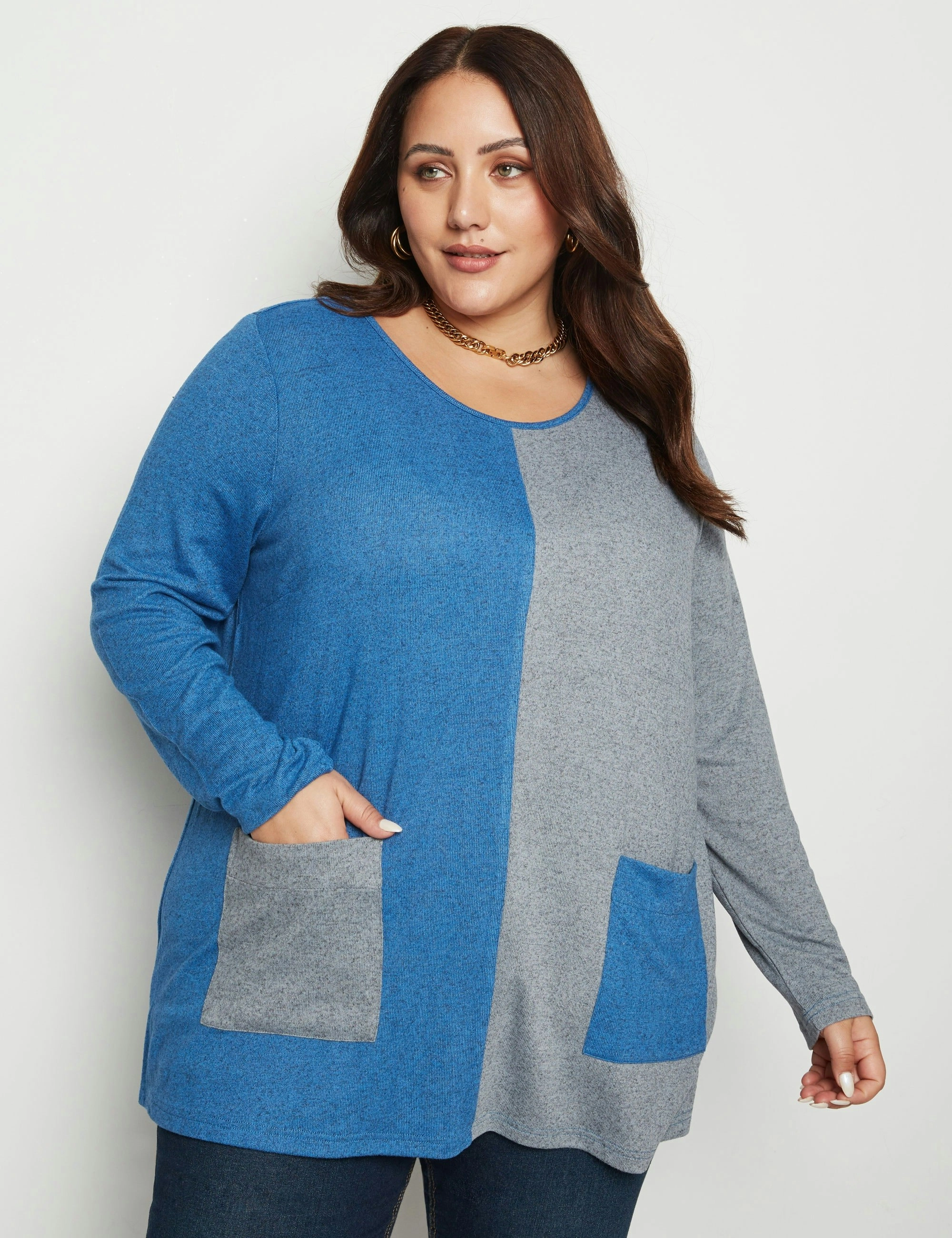 beme Long Sleeve Contrast Colour Knitwear Look Top (Blue)