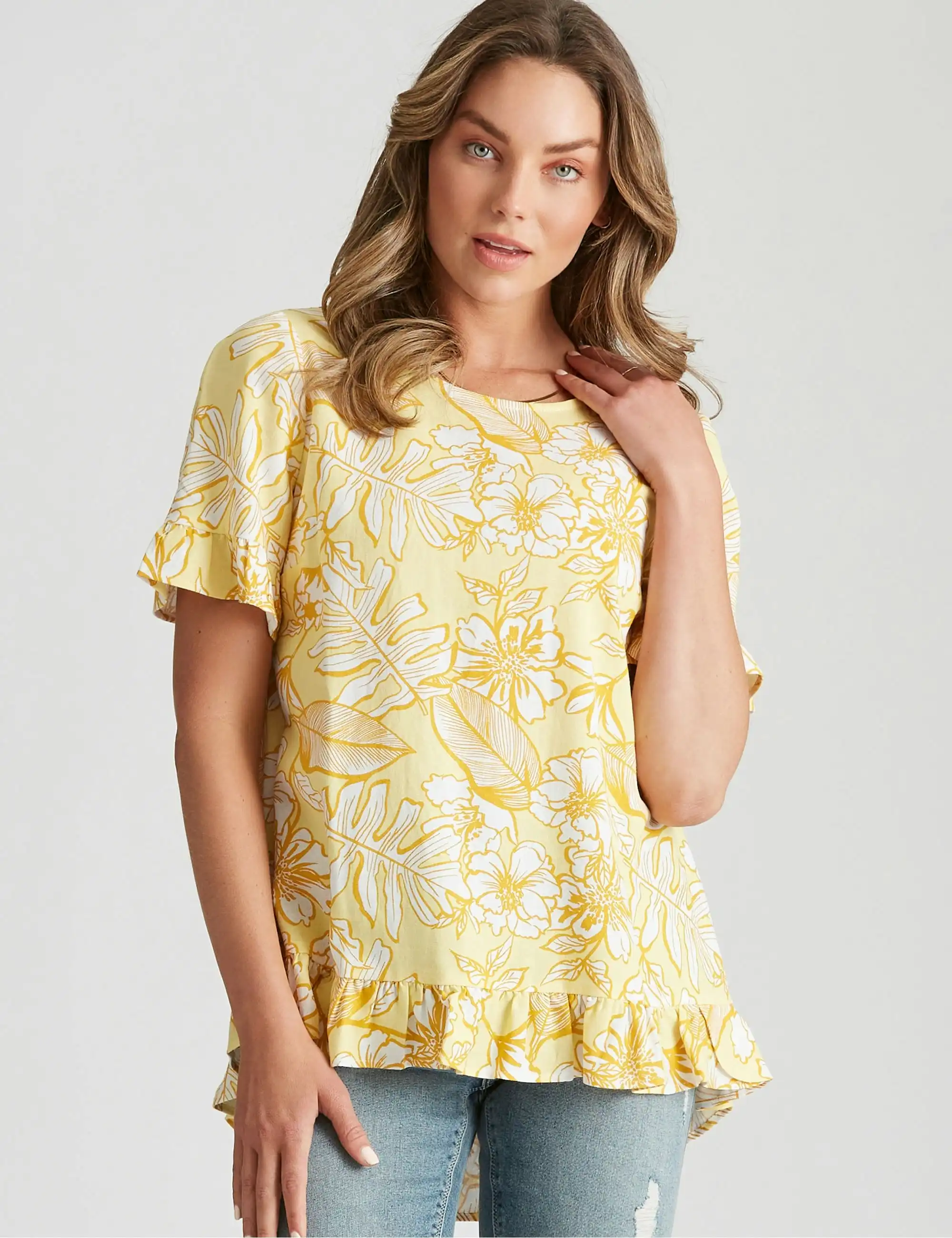 Rockmans Shirt Sleeve Linen Top (Yellow Floral)