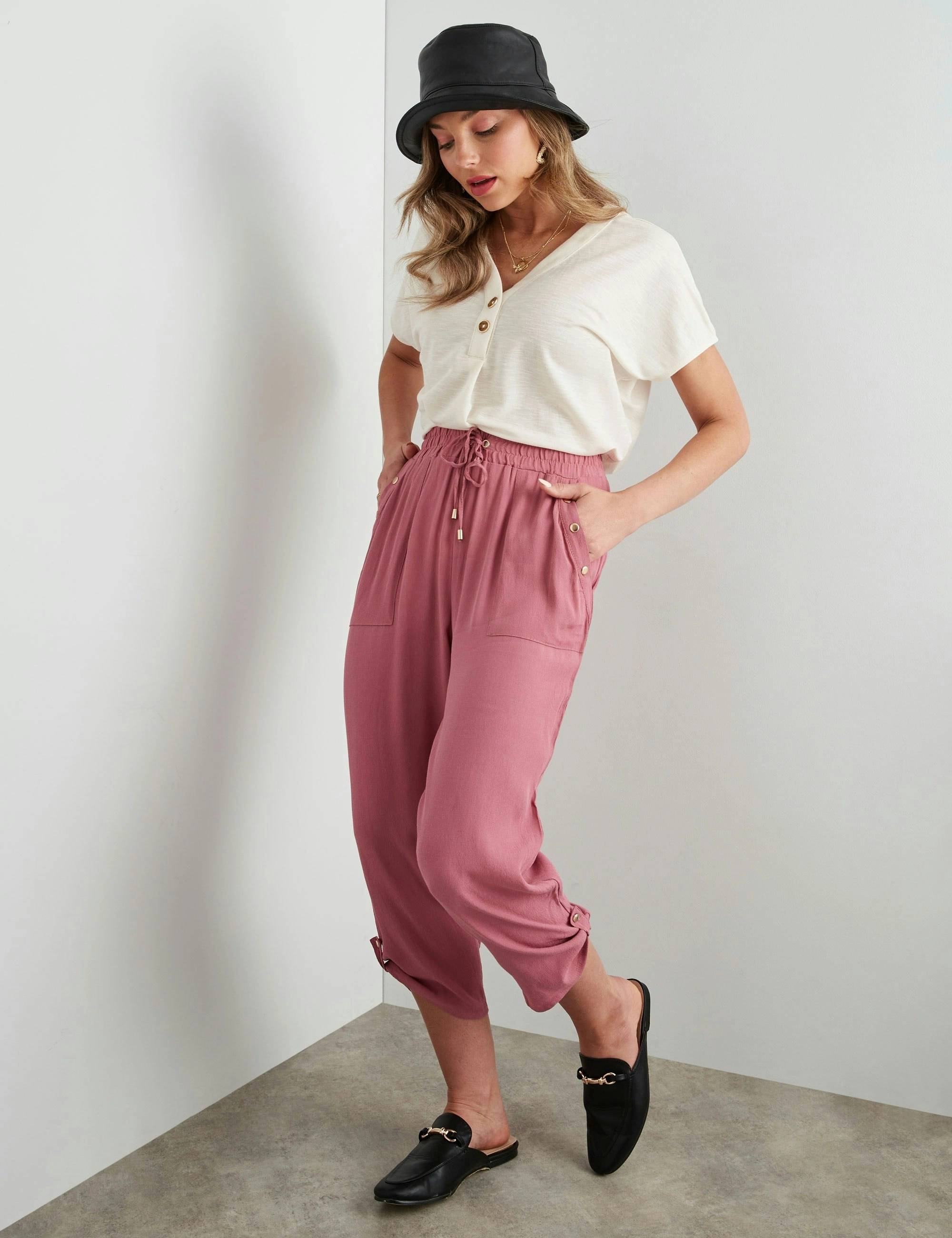 Rockmans Crop Length Woven Stud Detail Pants (Heather Rose)