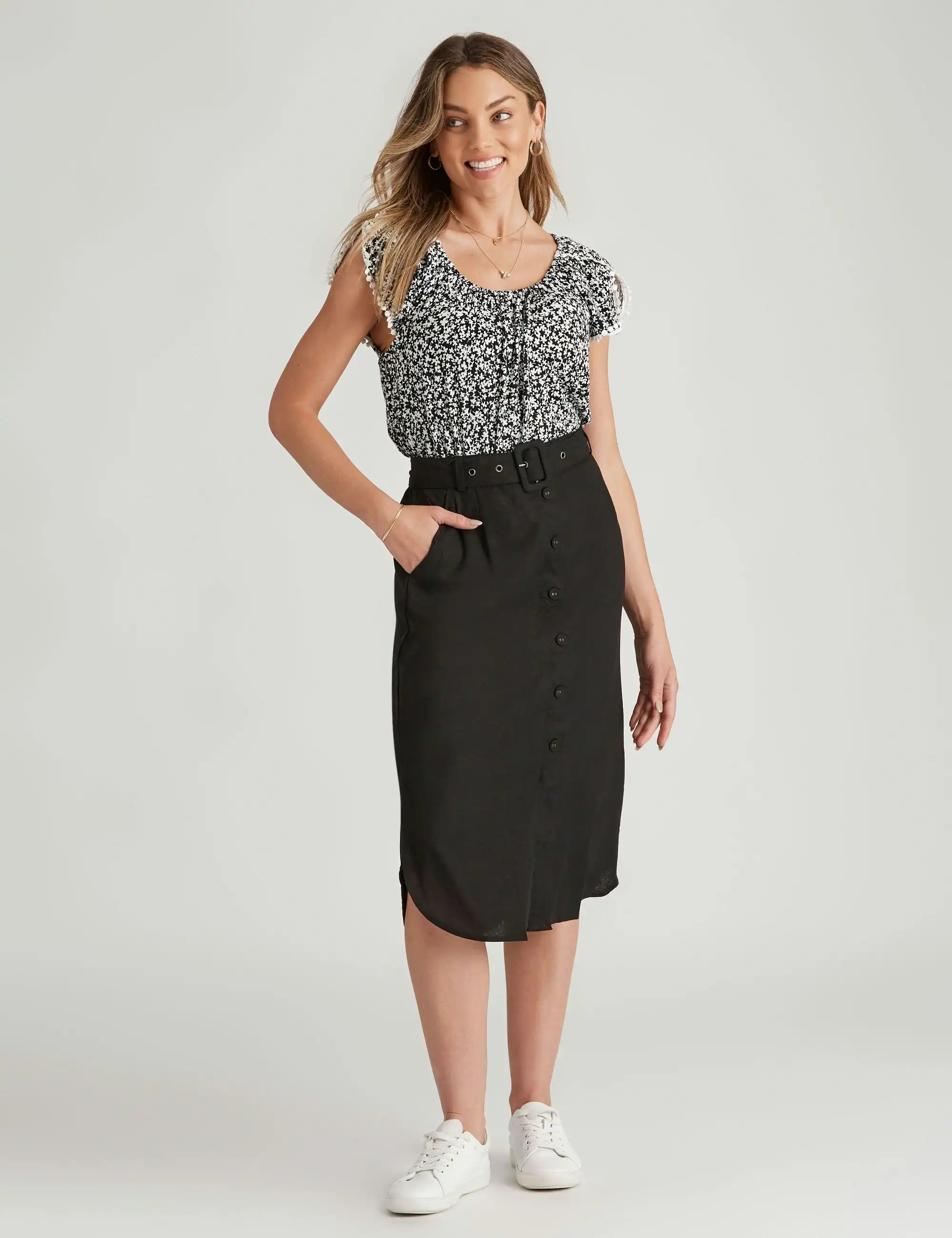 Rockmans Button Through Curved Hem Skirt