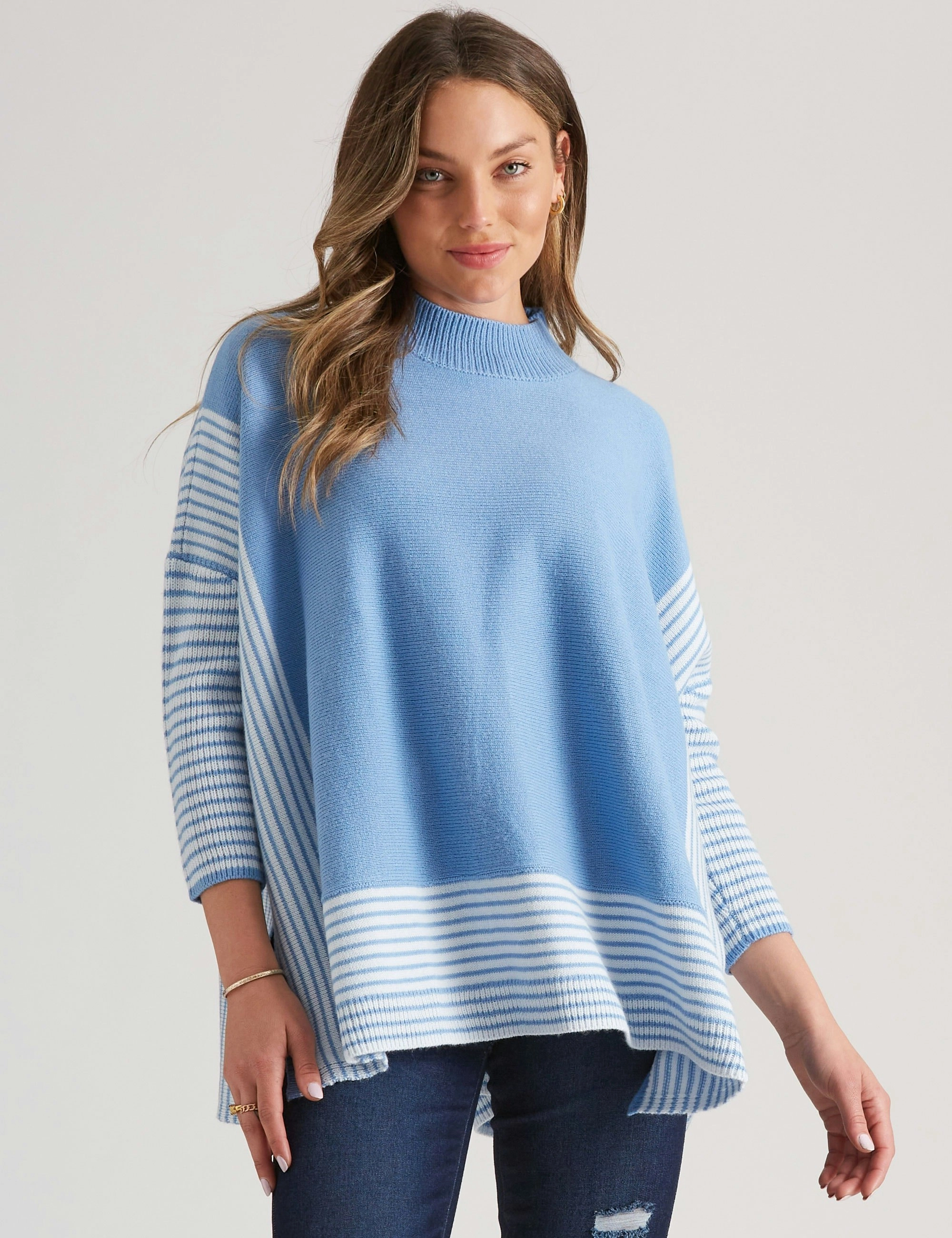 Rockmans Long Sleeve  Contrast Stripe Boxy Jumper (Blue)