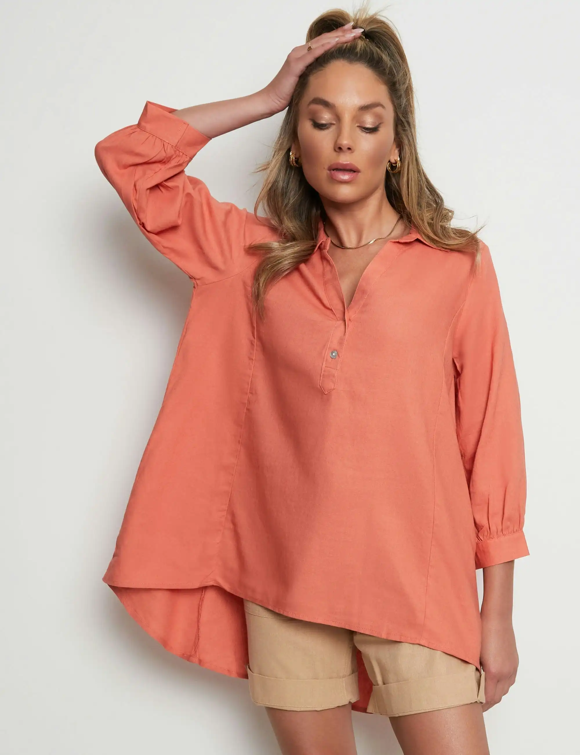Rockmans 3/4 Sleeve Woven Swing High Low Shirt (Apricot)