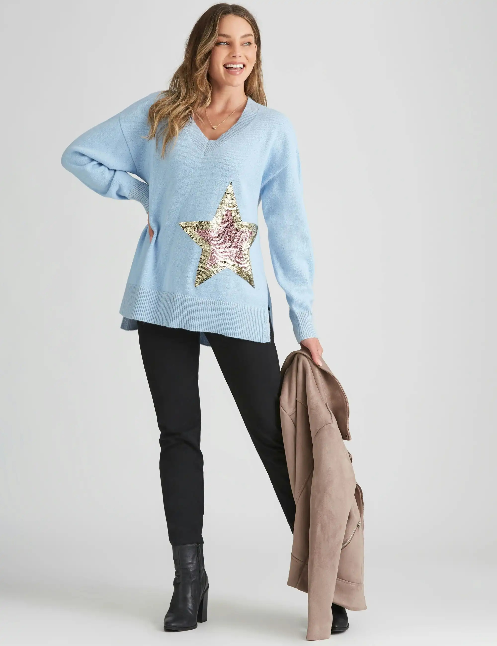 Rockmans Long Sleeve True Knitwear Sequin Star Jumper (Light Blue Onl)