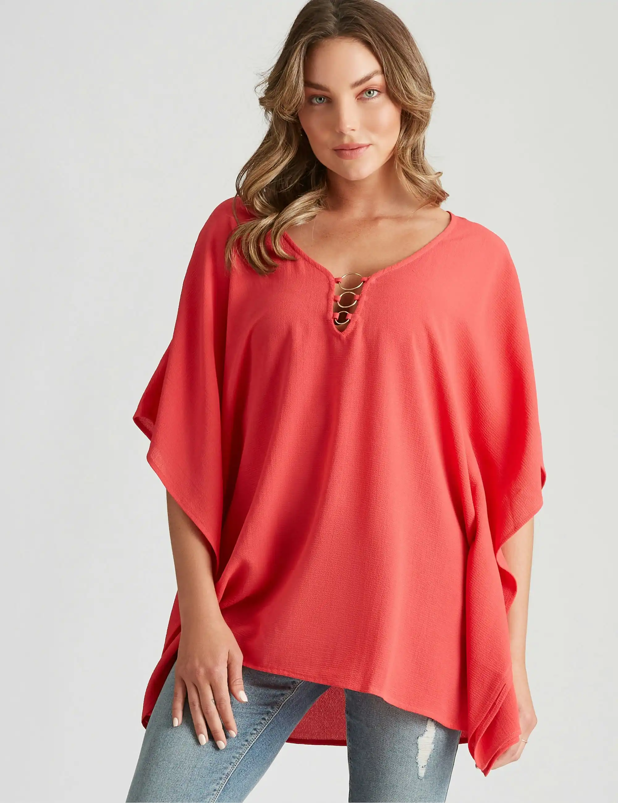 Rockmans Extended Sleeve Woven Ring Top (Teaberry)