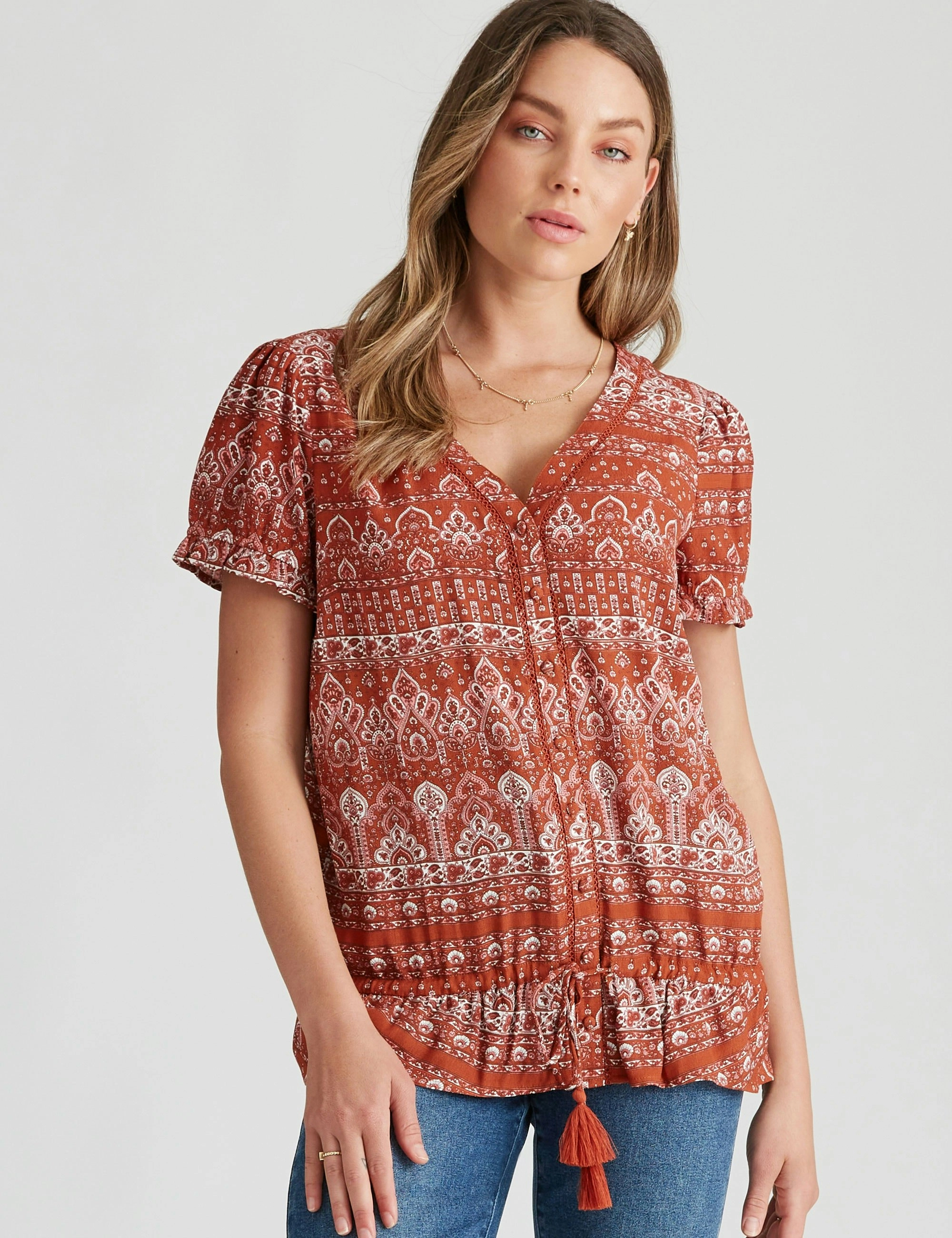 Rockmans Woven Short Sleeve Peasant Top (Boho)