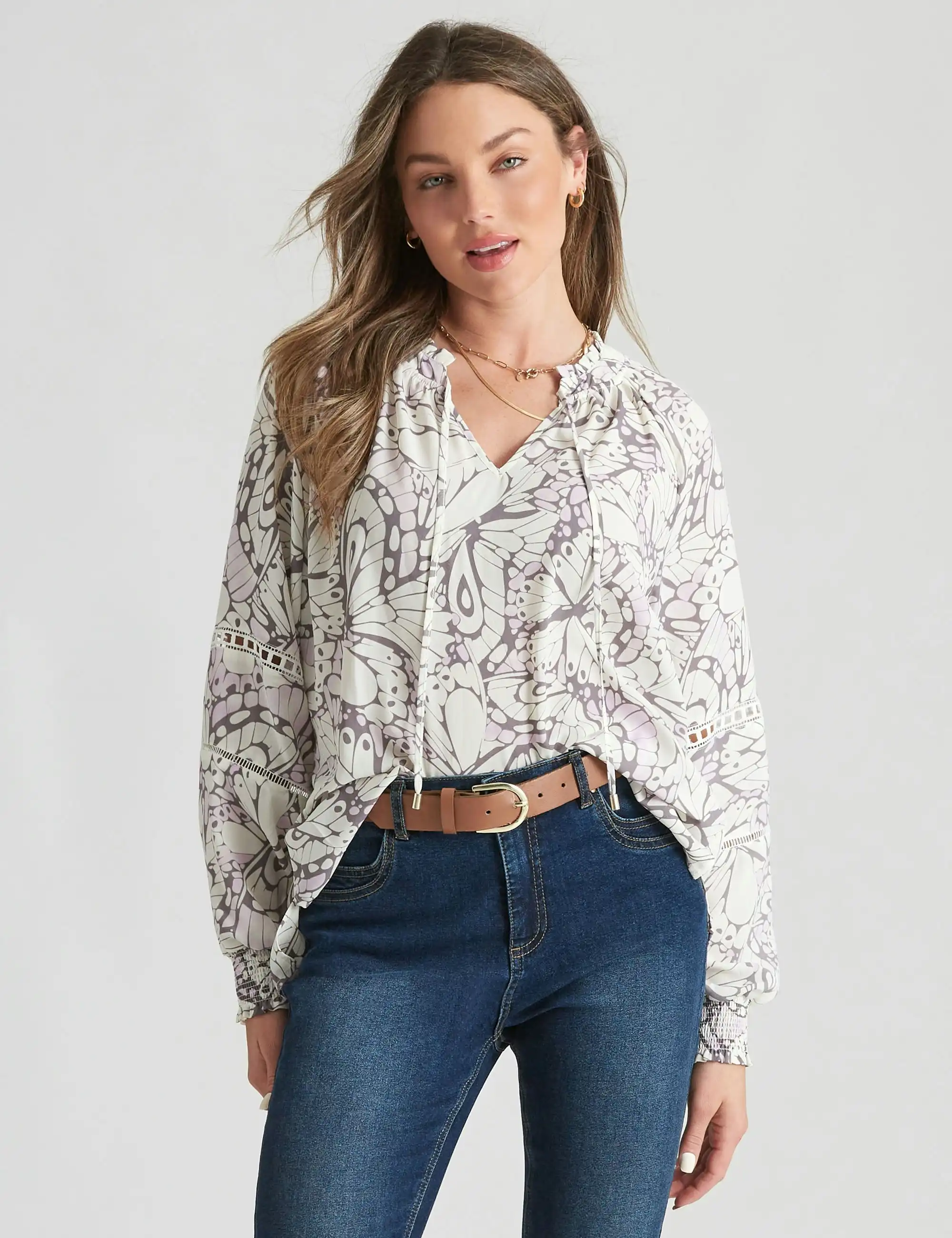 Rockmans Long Sleeve Woven Shirred Hem Peasant Top (Butterfly)
