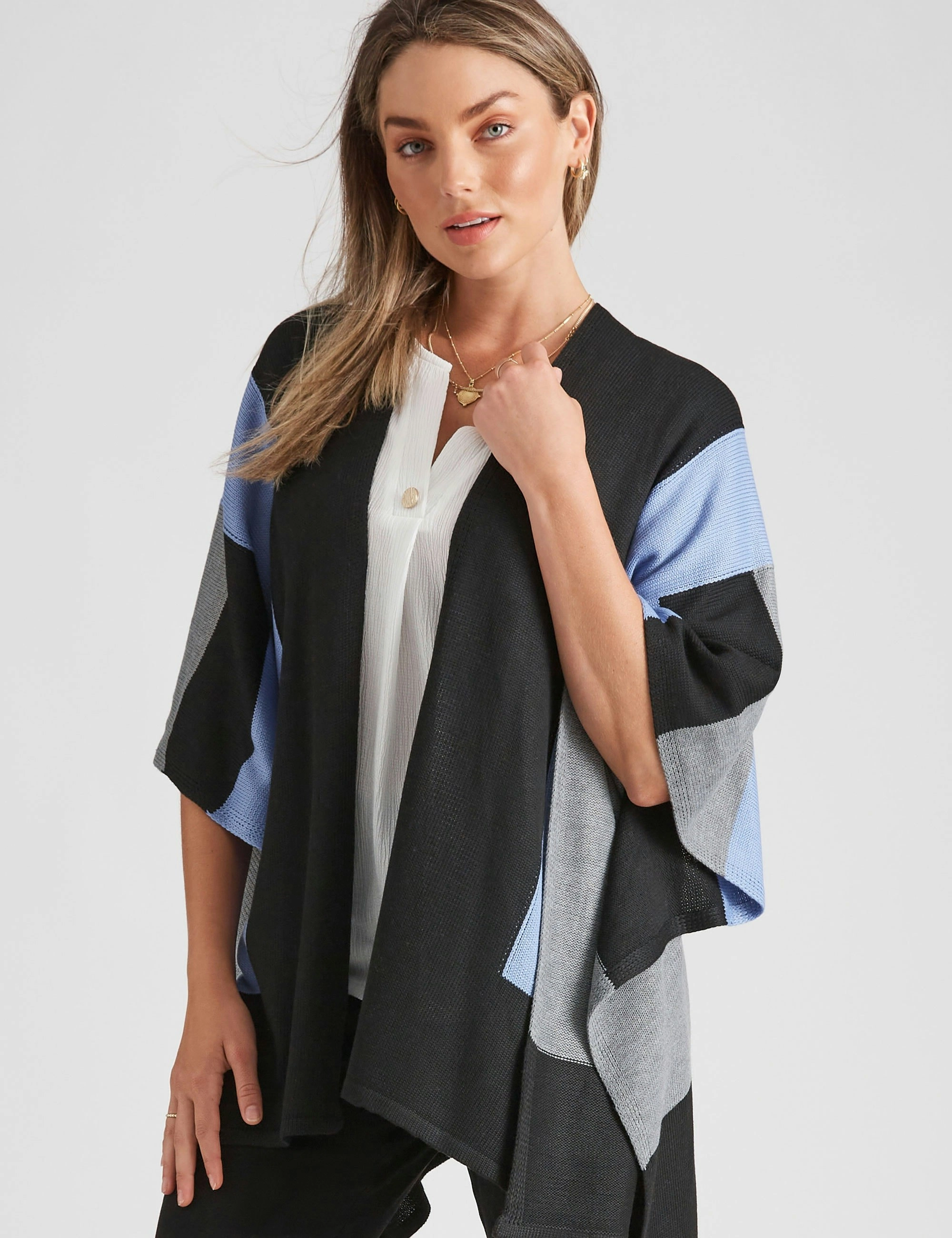 Rockmans Extended Sleeve Colour Block Cardigan (Light Blue Mix)