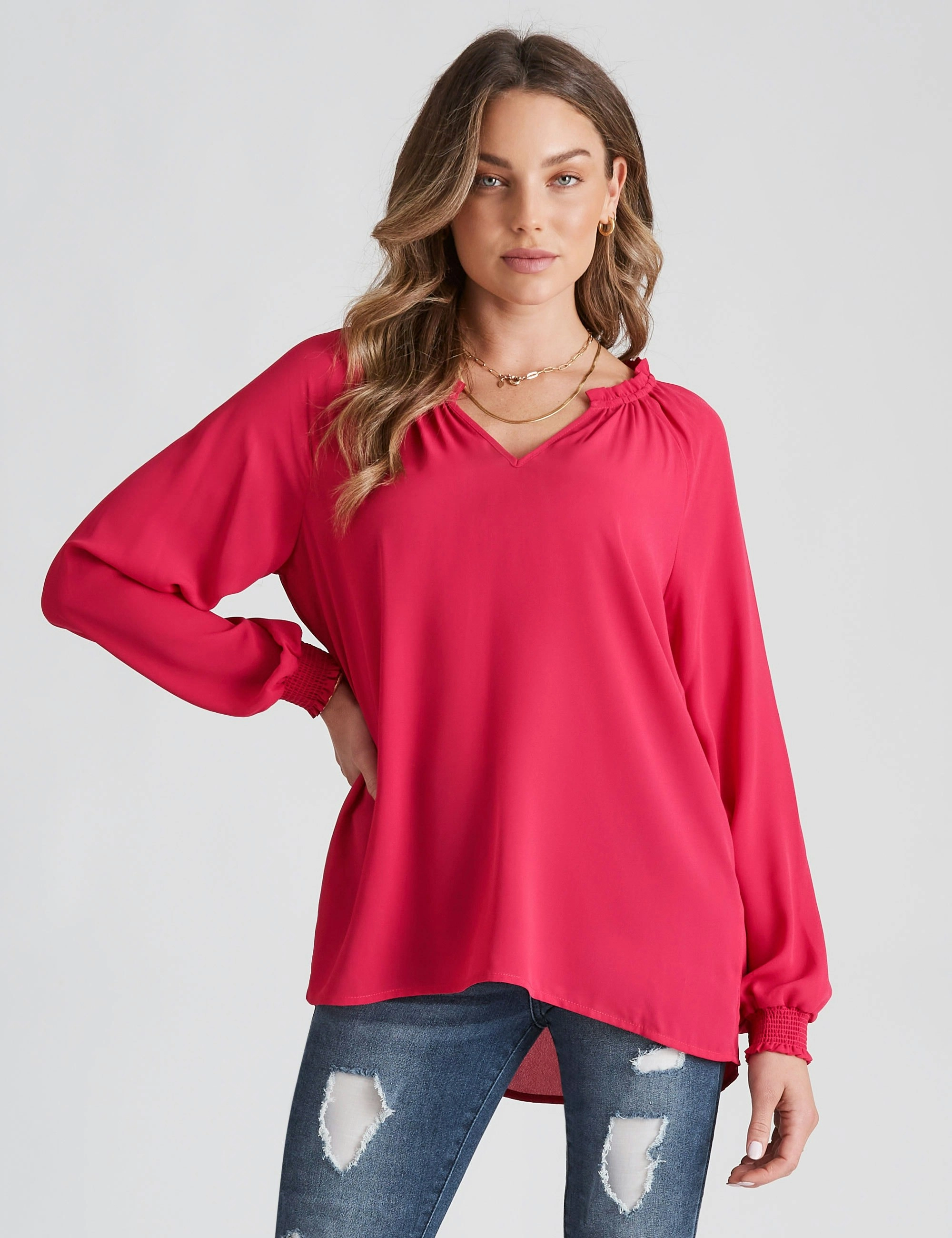 Rockmans Long Sleeve Hammered Satin Woven Top (Raspberry Onl)