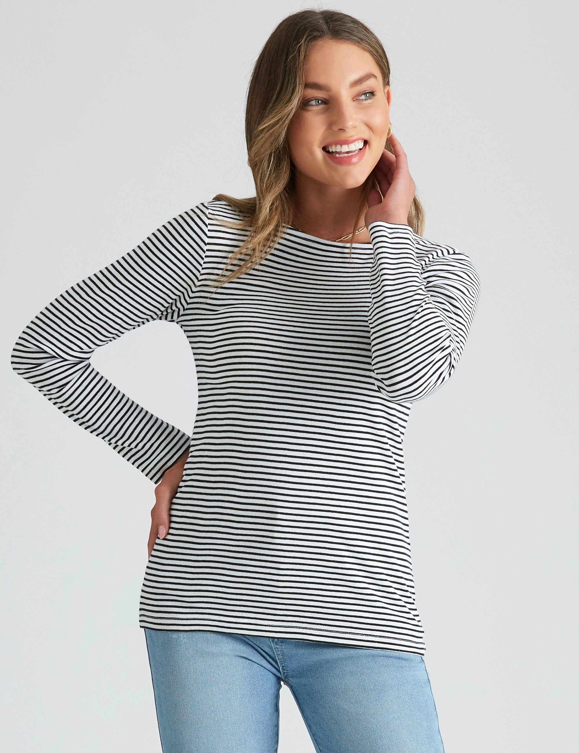 Rockmans Long Sleeve Stripe Boat Neck (Black/ White)