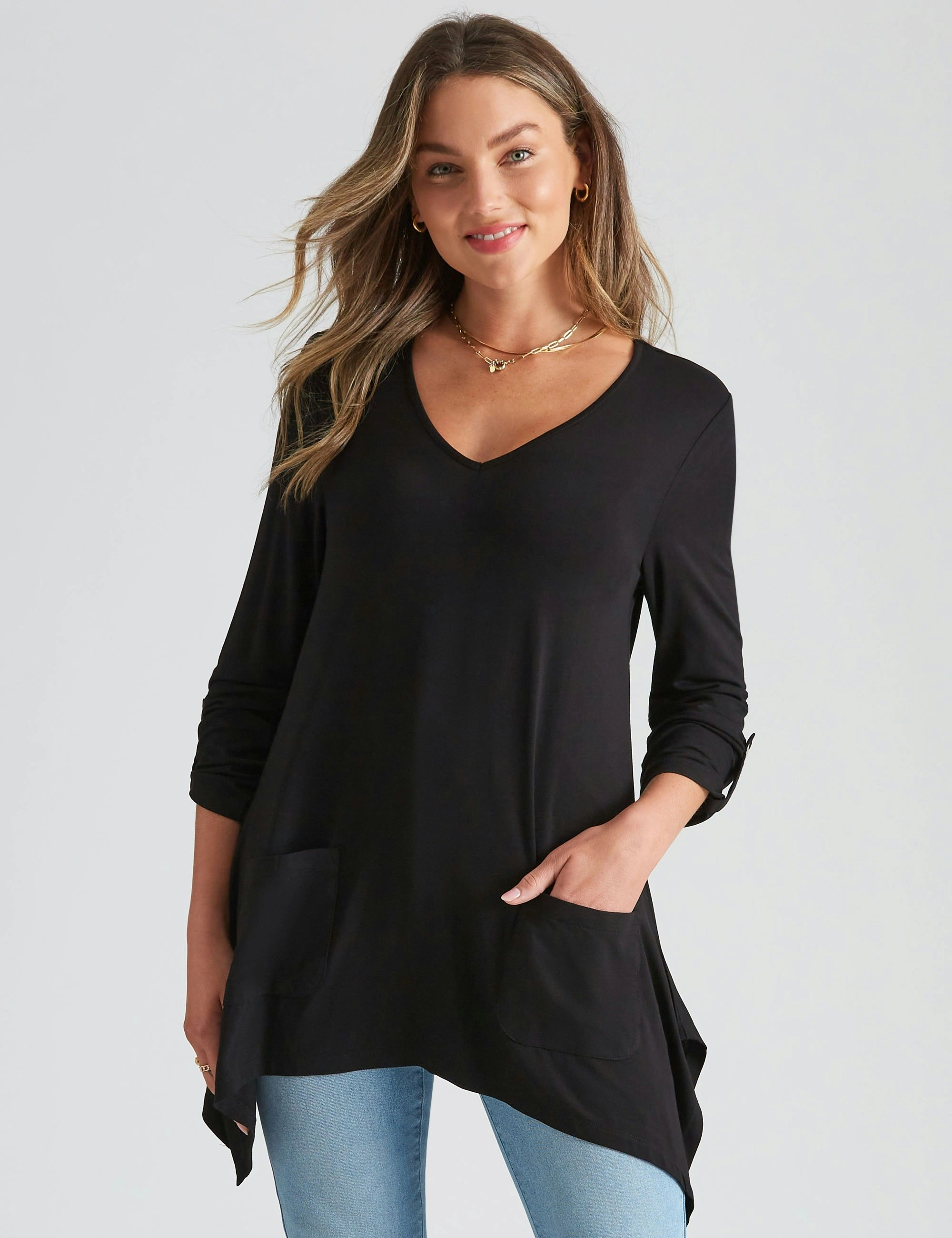 Rockmans Long Sleeve Pocket Knitwear Sharkbite Tunic (Black)