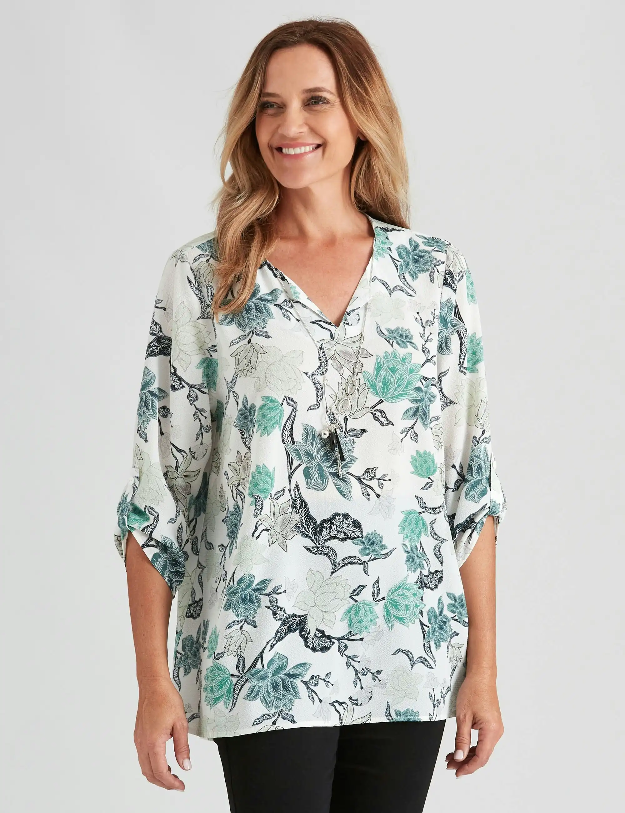 Millers 2For Blouse With Necklace And Drag Up Sleeve (Green Leaves)