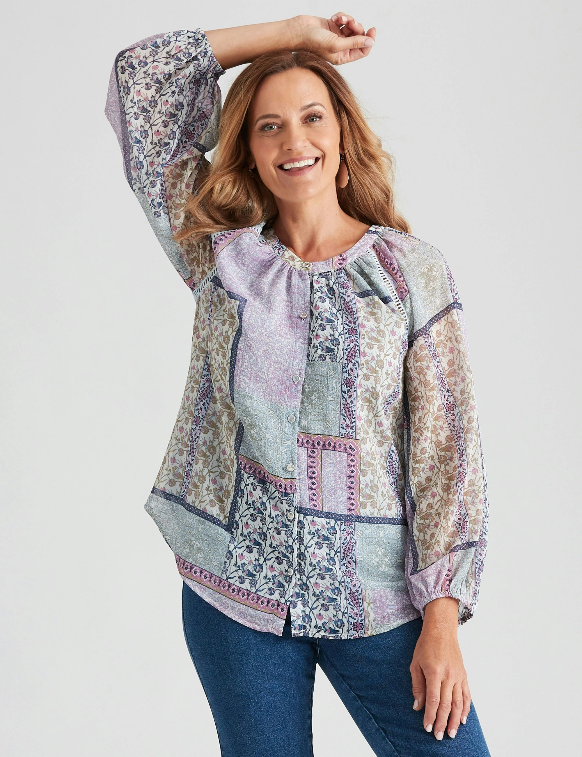 Millers Long Raglan Sleeve Printed Blouse (Mauve Paisley)